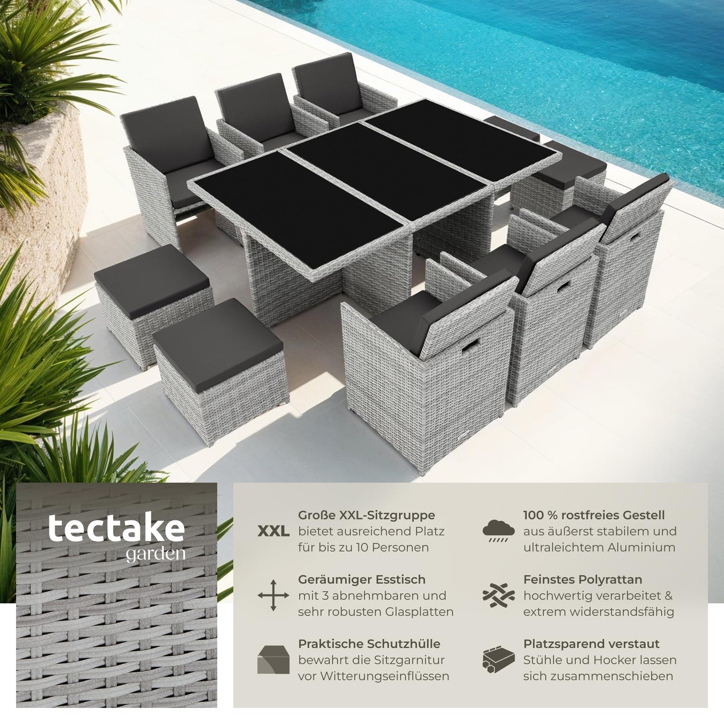 tectake Polyrattan Gartenmöbel Set, Sitzgruppe mit 6 Stühle +1 Glasplatte Tisch + 4 Hocker, Gartenlounge Set klappbar, bis zu 10 Personen, Balkon Möbel, inkl. 2 Bezugsset - hellgrau
