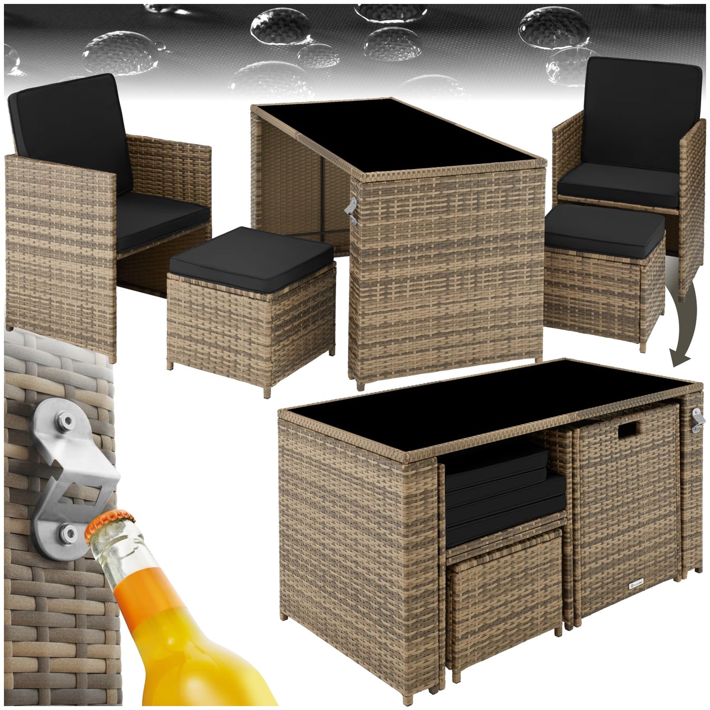 tectake® Polyrattan Sitzgruppe – 5-teiliges Lounge Gartenmöbel Set mit Tisch, Sesseln & Hockern für bis zu 4 Personen, Natur