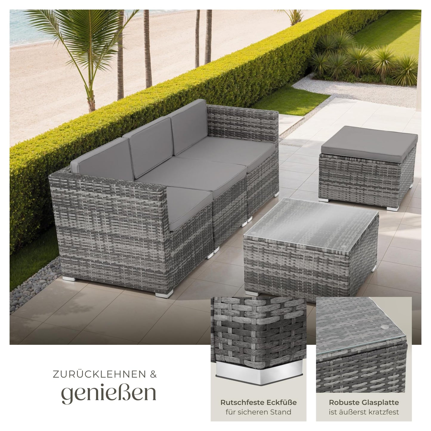 tectake® Poly Rattan Lounge, Outdoor Sitzgruppe, Set mit Sofa Sessel, Hocker, Tisch, frei kombinierbar, Sitzecke für 3-4 Personen, Möbel wetterfest für Garten Terrasse Balkon - grau
