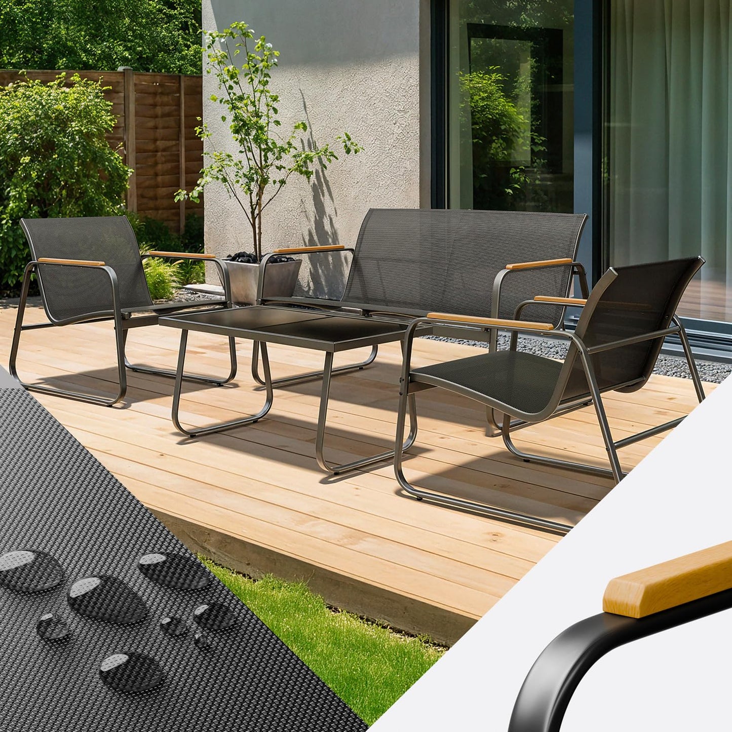 Blumtal Gartenmöbel Set 4er - Balkonmöbel Set für 4 Personen - 2 x Sessel + 1 x Bank + 1 x Tisch - Terrassenmöbel - Gartenlounge - Balkon Möbel - Möbelsets - Stahl Outdoor Möbel Lounge Anthrazit