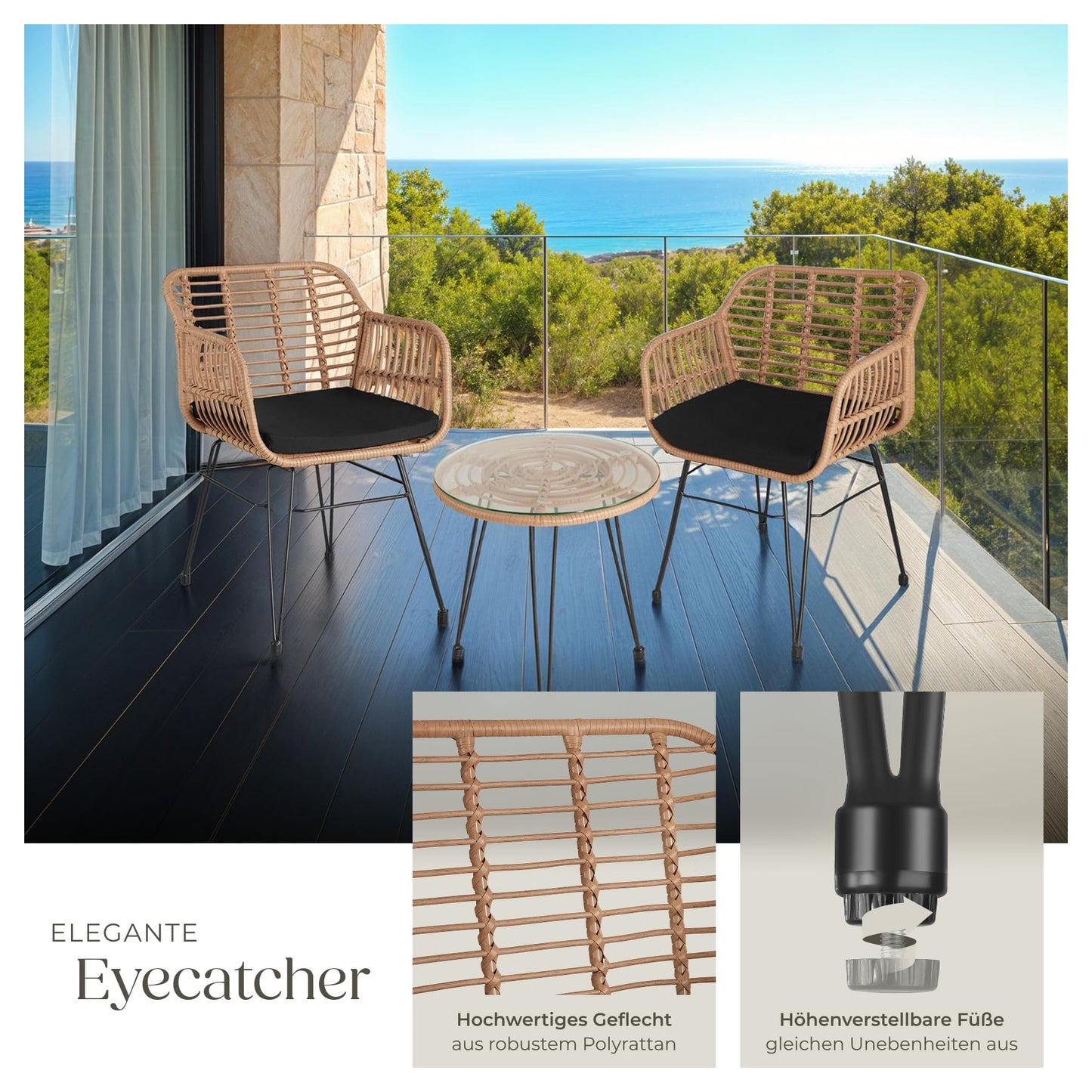 tectake® Rattan Sitzgruppe 3-teilig – Balkonmöbel Set für 2 Personen mit Tisch & Stühlen, Wetterfest & platzsparend, Natur
