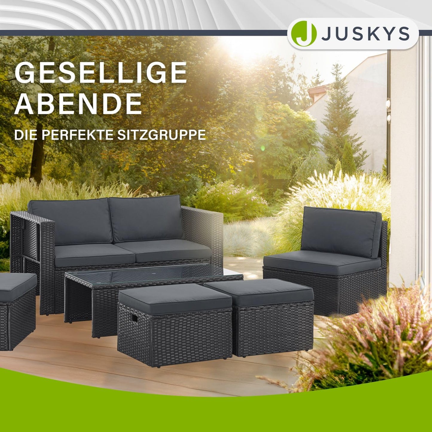 Juskys Polyrattan Gartenmöbel Set Salou - Outdoor Lounge wetterfest 6 Personen - Sitzecke mit Tisch & Kissen für Garten, Balkon, Terrasse - Schwarz
