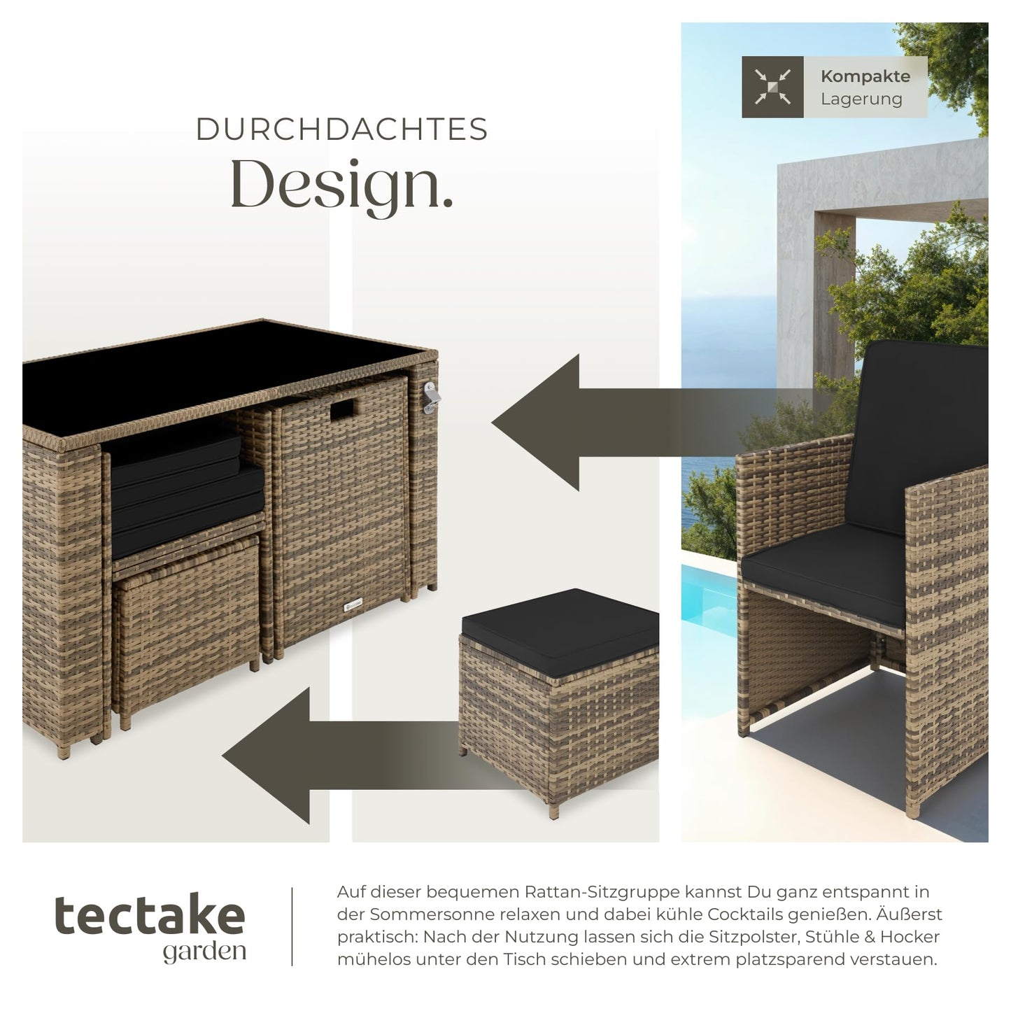 tectake® Polyrattan Sitzgruppe – 5-teiliges Lounge Gartenmöbel Set mit Tisch, Sesseln & Hockern für bis zu 4 Personen, Natur