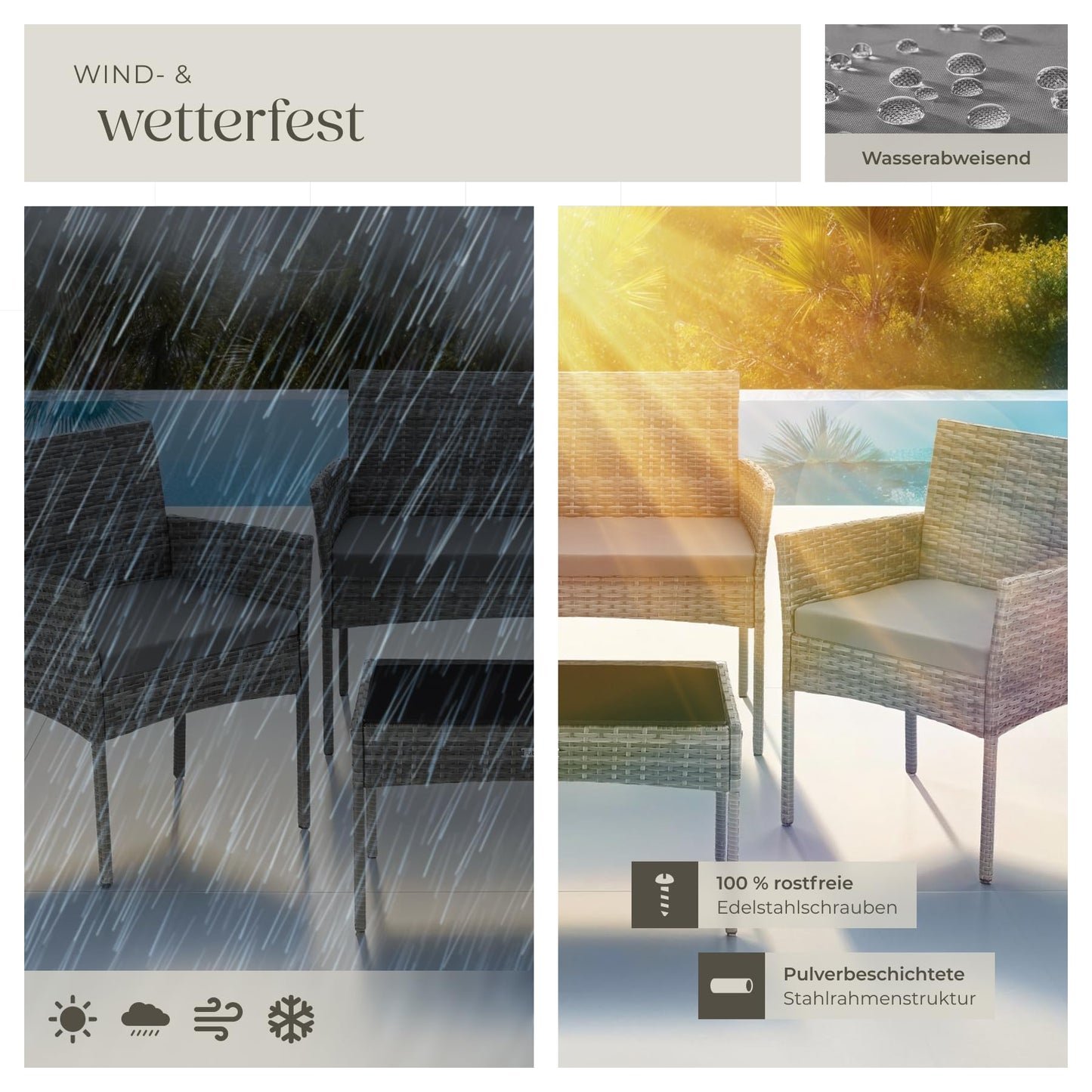 tectake® Rattan Gartenmöbel Set, Outdoor Lounge Möbel,1x Gartenbank, 2X Stuhl, 1x Balkontisch, mit Outdoor Kissen wetterfest, Balkonmöbel Kleiner Balkon, Lounge Gartenmöbel, Terrassenmöbel - grau