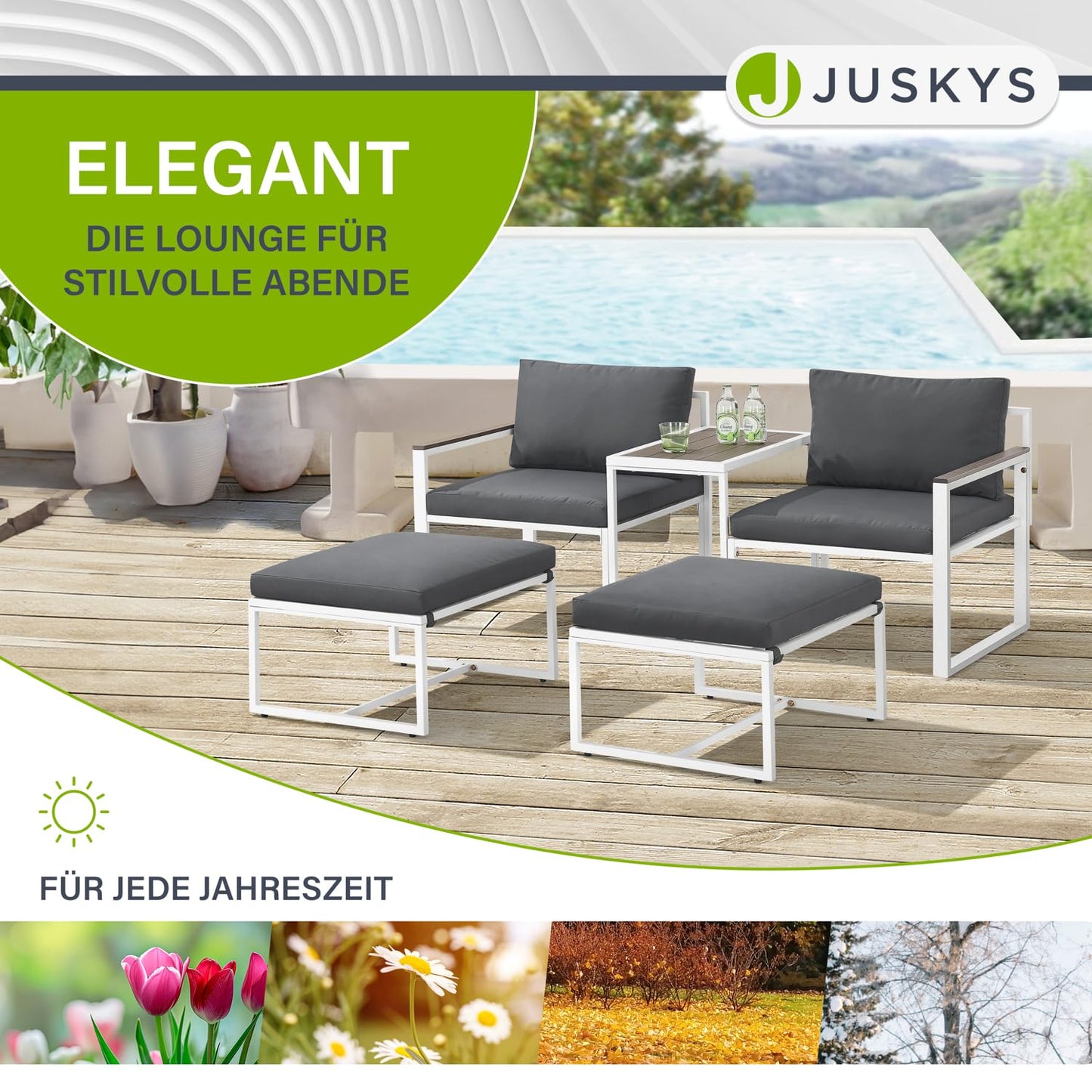 Juskys Gartenmöbel Sofa Set 5-teilig Bari mit Tisch & Polster - Metall Gartenlounge - Balkonmöbel klein - Outdoor Möbel Balkon Garten - Lounge Grau