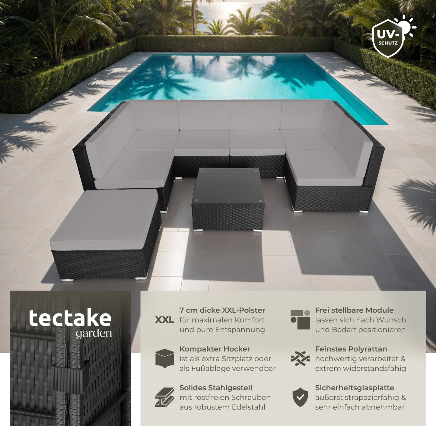tectake XXL Polyrattan Lounge, Gartenmöbel Set, Sitzgruppe, Balkon Möbel mit 6 Sitze 1 Tisch 1 Hocker, inkl. Sitzkissen, Gartenlounge Outdoor, wetterfest, für Garten, Balkon, Terrasse - schwarz/grau