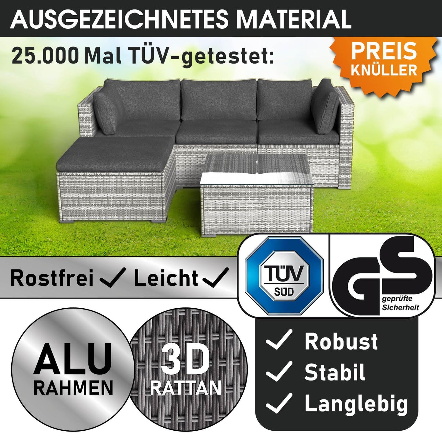 BRAST® Gartenmöbel Lounge Set | 4-5 Personen viele Modelle & Farben | inkl. extra Dicke Kissen | TÜV geprüft | Outdoor Loungemöbel Sitzgruppe Essgruppe Garnitur | Royal Grau