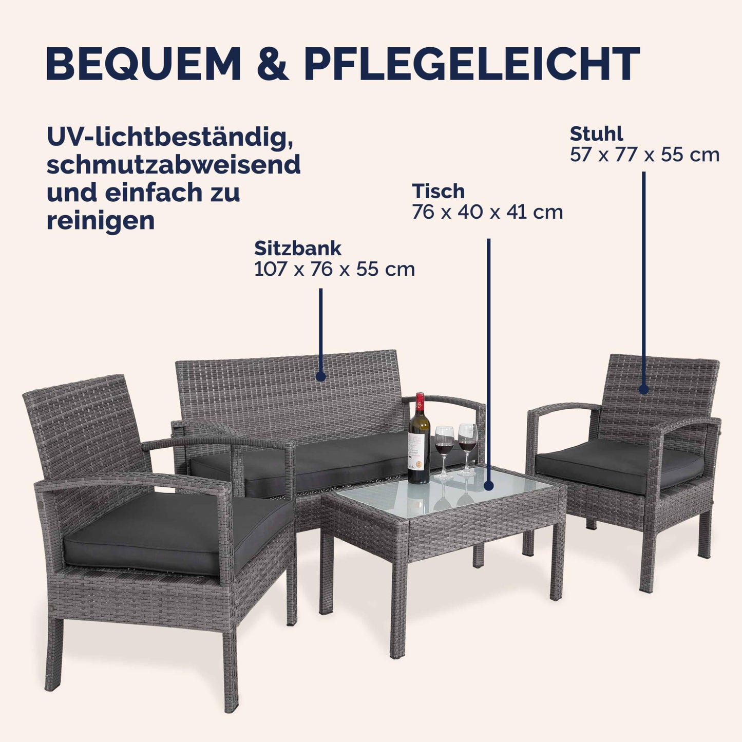 Casaria® Gartenmöbel Set Wetterfest 4 Personen Outdoor inkl. Auflagen Polyrattan 2 Sessel Gartenbank Tisch Garten Terrasse Balkon Möbel Lounge Grau