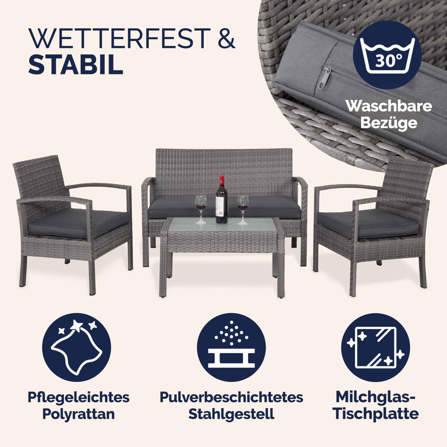 Casaria® Gartenmöbel Set Wetterfest 4 Personen Outdoor inkl. Auflagen Polyrattan 2 Sessel Gartenbank Tisch Garten Terrasse Balkon Möbel Lounge Grau