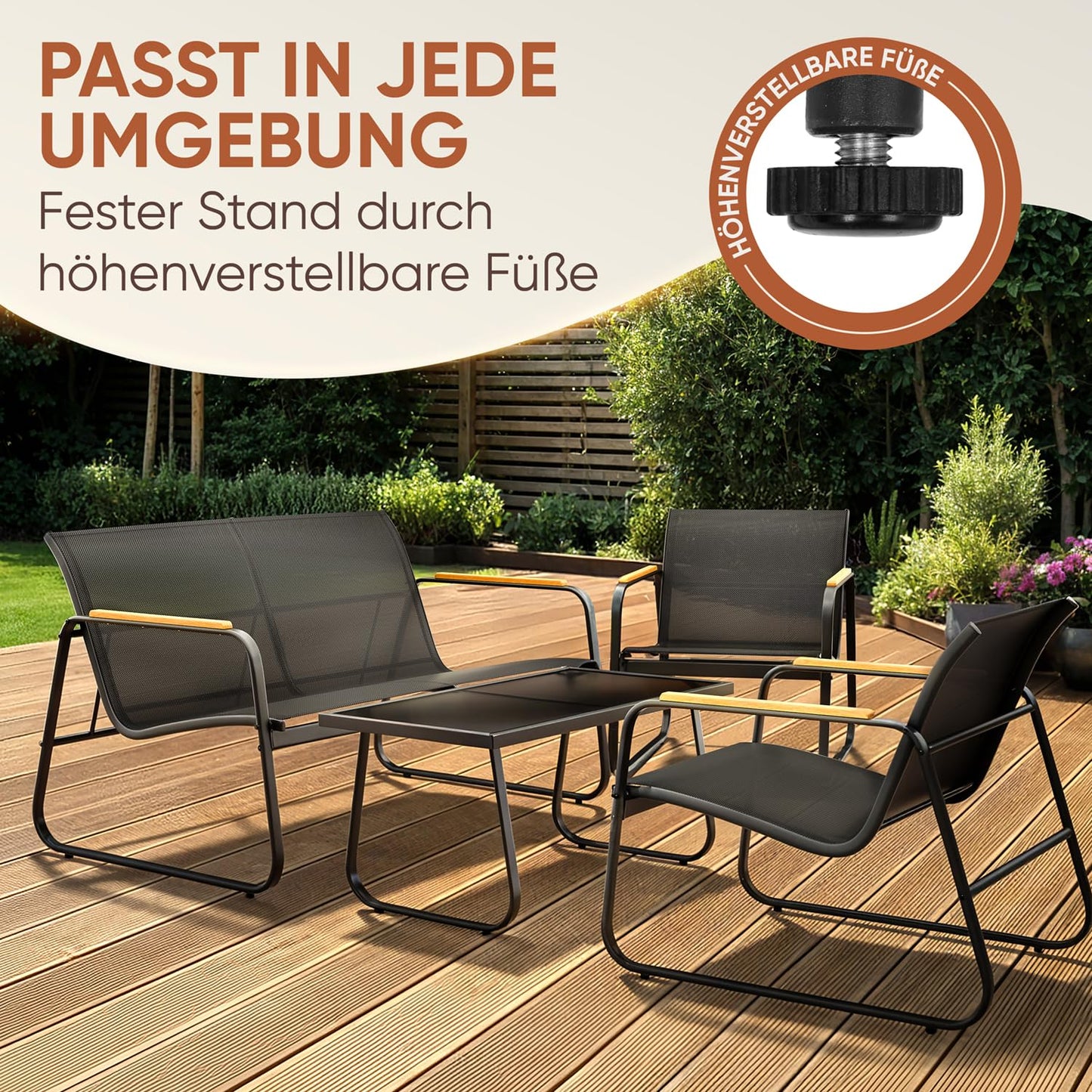 Blumtal Gartenmöbel Set 4er - Balkonmöbel Set für 4 Personen - 2 x Sessel + 1 x Bank + 1 x Tisch - Terrassenmöbel - Gartenlounge - Balkon Möbel - Möbelsets - Stahl Outdoor Möbel Lounge Anthrazit