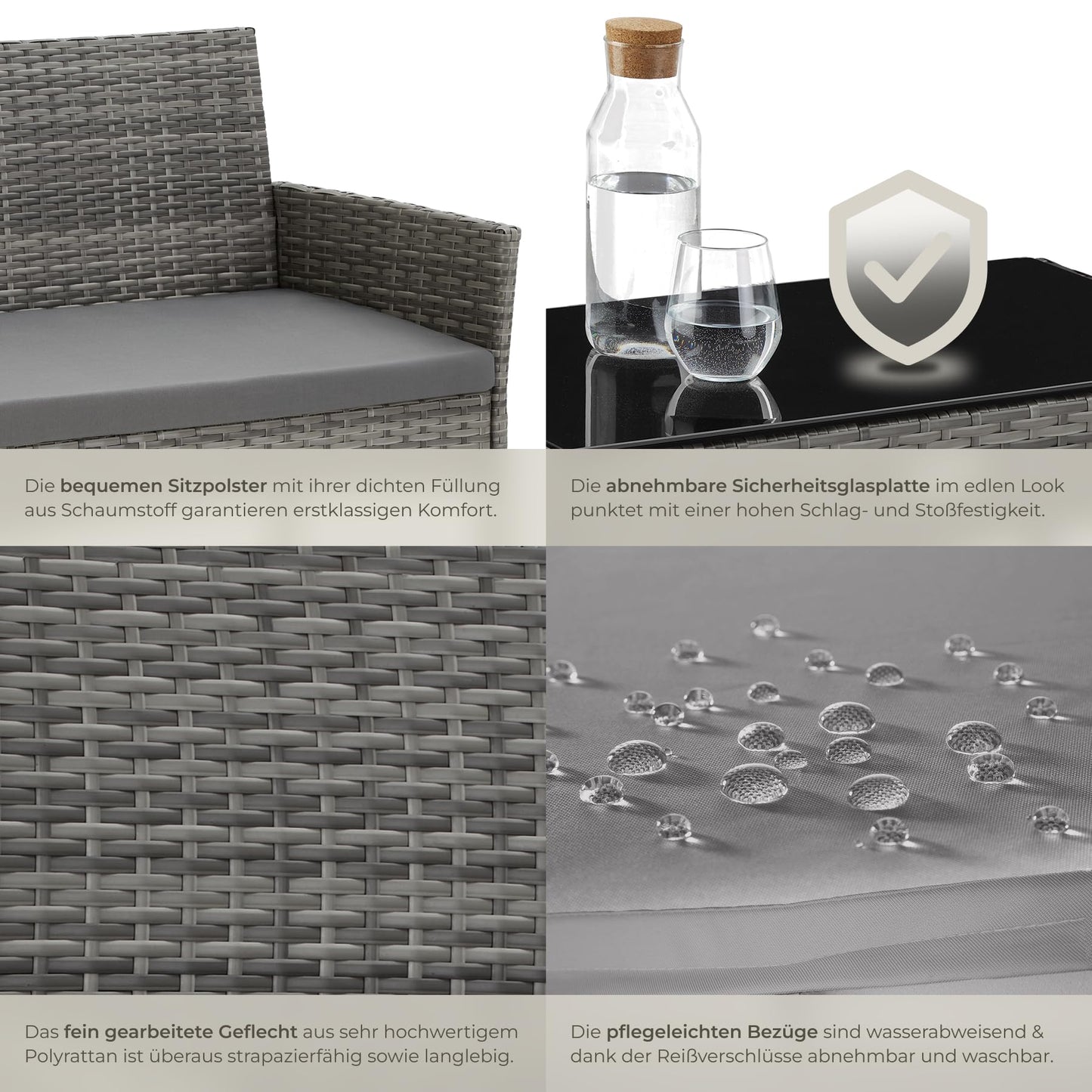 tectake® Rattan Gartenmöbel Set, Outdoor Lounge Möbel,1x Gartenbank, 2X Stuhl, 1x Balkontisch, mit Outdoor Kissen wetterfest, Balkonmöbel Kleiner Balkon, Lounge Gartenmöbel, Terrassenmöbel - grau