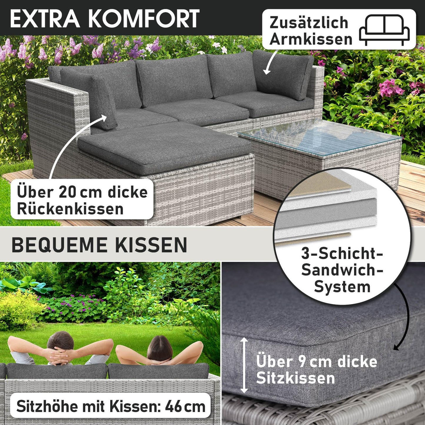 BRAST® Gartenmöbel Lounge Set | 4-5 Personen viele Modelle & Farben | inkl. extra Dicke Kissen | TÜV geprüft | Outdoor Loungemöbel Sitzgruppe Essgruppe Garnitur | Royal Grau