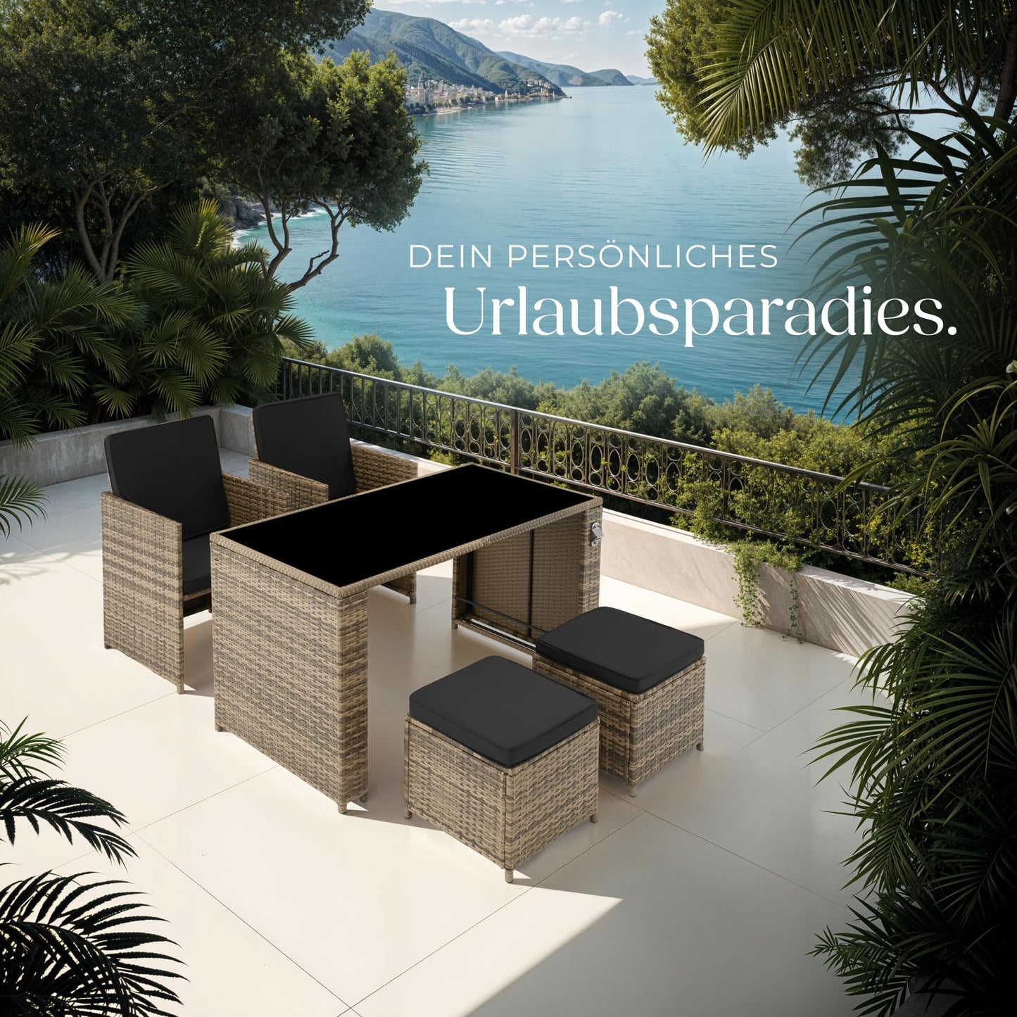 tectake® Polyrattan Sitzgruppe – 5-teiliges Lounge Gartenmöbel Set mit Tisch, Sesseln & Hockern für bis zu 4 Personen, Natur