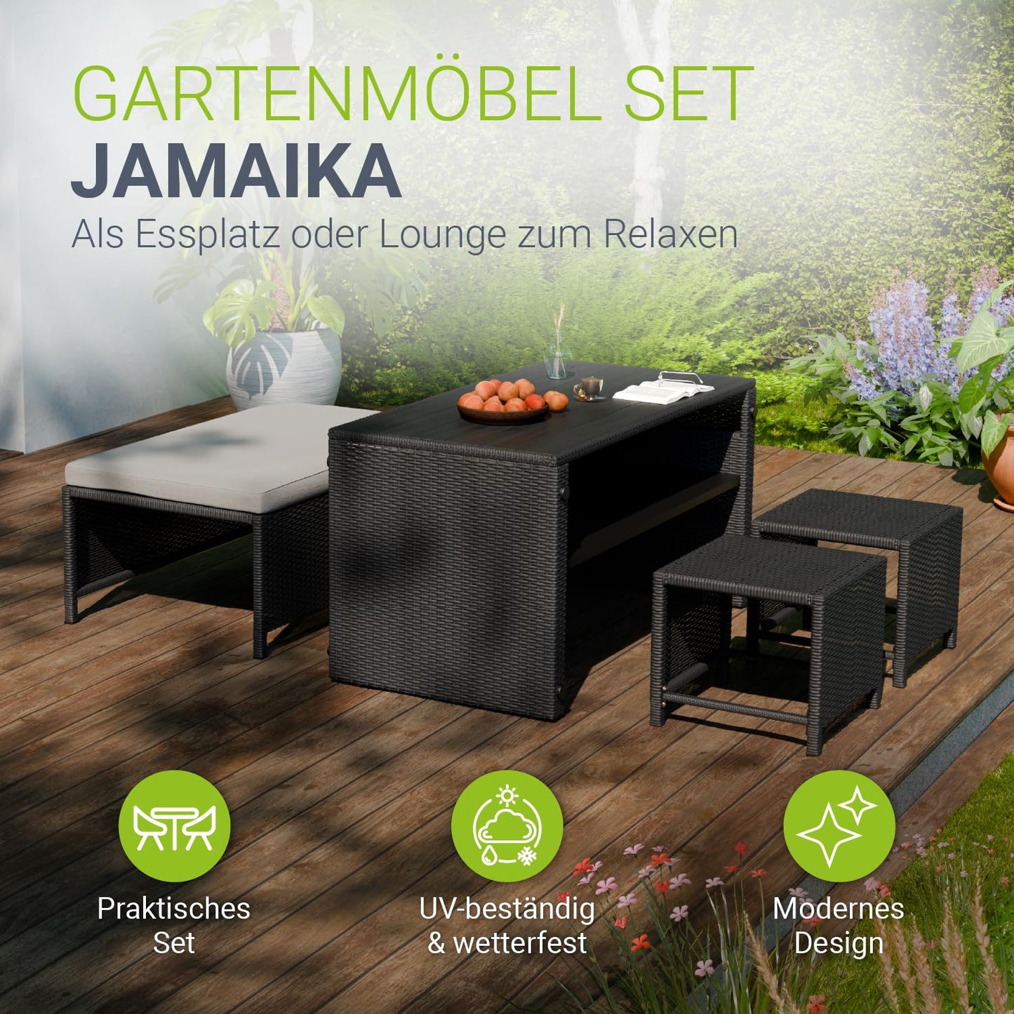 Juskys 2in1 Polyrattan Relax Gartenmöbel Set Jamaika - Tisch, Gartenlounge Sofa - Balkonmöbel Sitzgruppe für Balkon, Garten - Outdoor Lounge schwarz/grau
