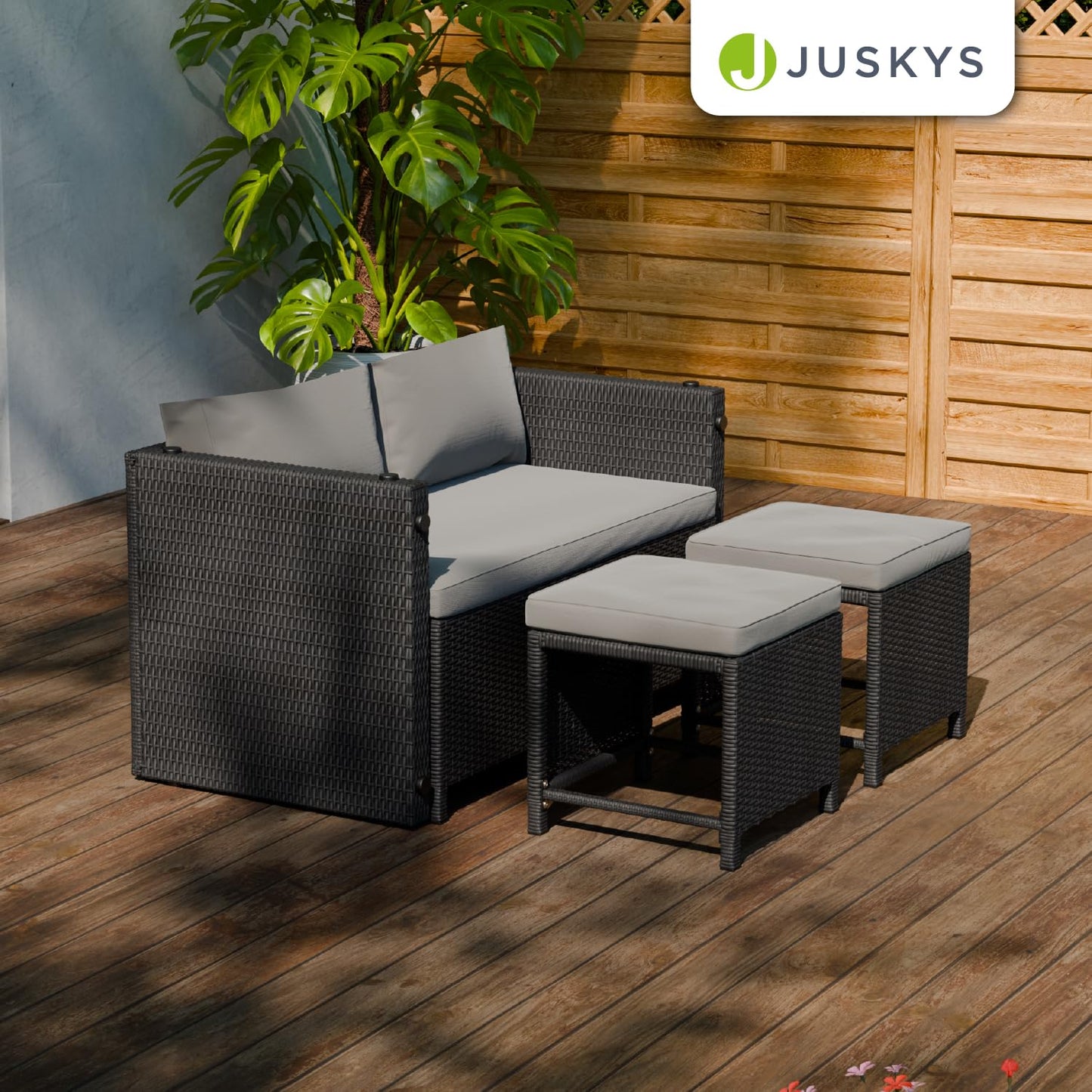 Juskys 2in1 Polyrattan Relax Gartenmöbel Set Jamaika - Tisch, Gartenlounge Sofa - Balkonmöbel Sitzgruppe für Balkon, Garten - Outdoor Lounge schwarz/grau