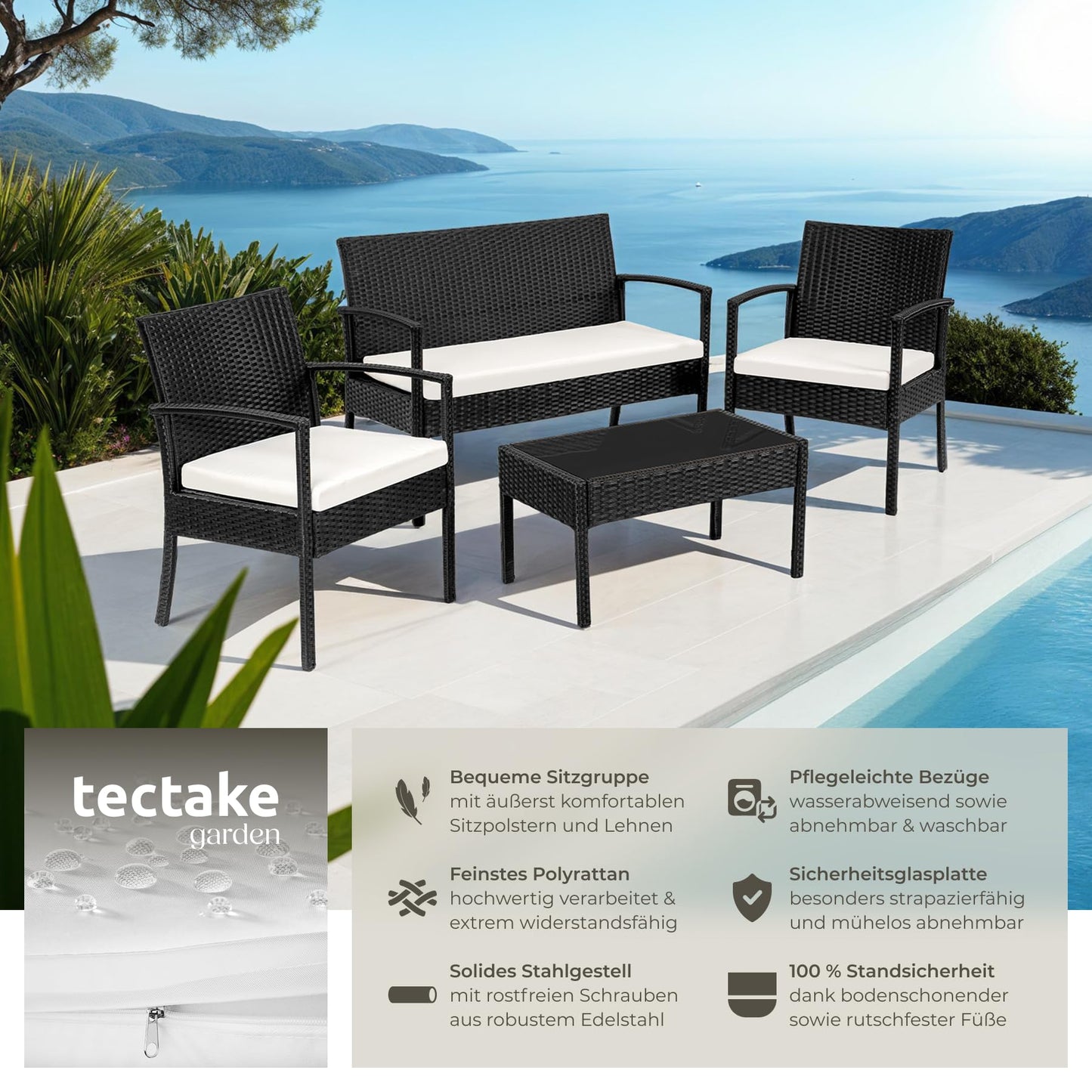 tectake® Polyrattan Gartenmöbel Set – 4-teilig mit 2 Sesseln, 1 Bank & Tisch, Wetterfeste Outdoor Lounge für Garten, Terrasse & Balkon – Schwarz