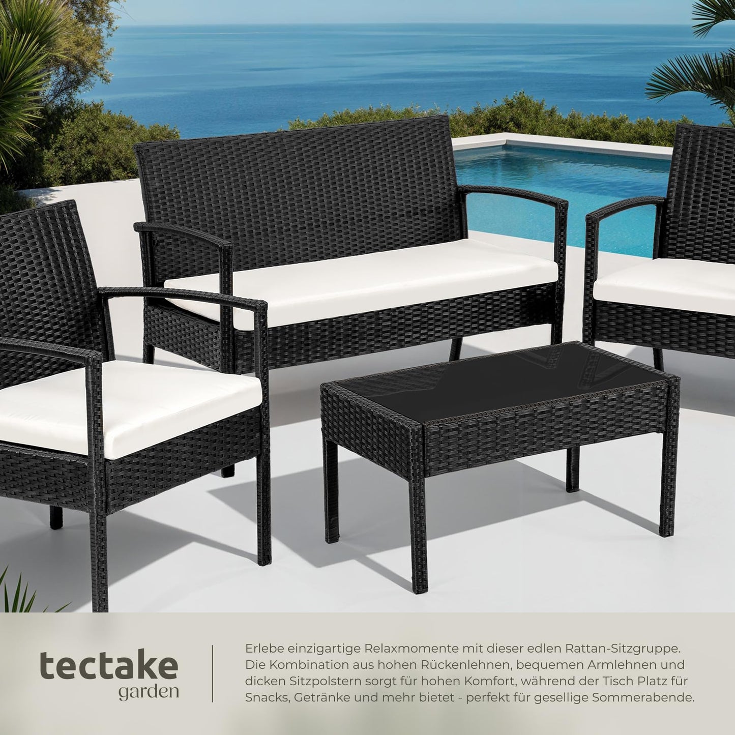 tectake® Polyrattan Gartenmöbel Set – 4-teilig mit 2 Sesseln, 1 Bank & Tisch, Wetterfeste Outdoor Lounge für Garten, Terrasse & Balkon – Schwarz