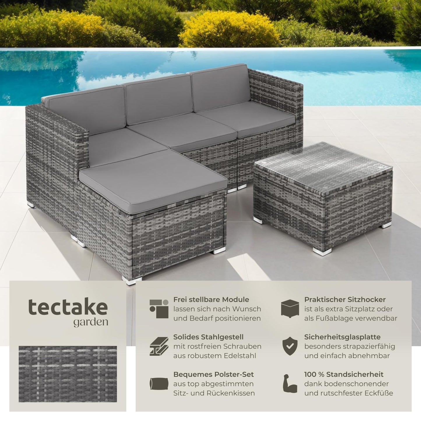 tectake® Poly Rattan Lounge, Outdoor Sitzgruppe, Set mit Sofa Sessel, Hocker, Tisch, frei kombinierbar, Sitzecke für 3-4 Personen, Möbel wetterfest für Garten Terrasse Balkon - grau