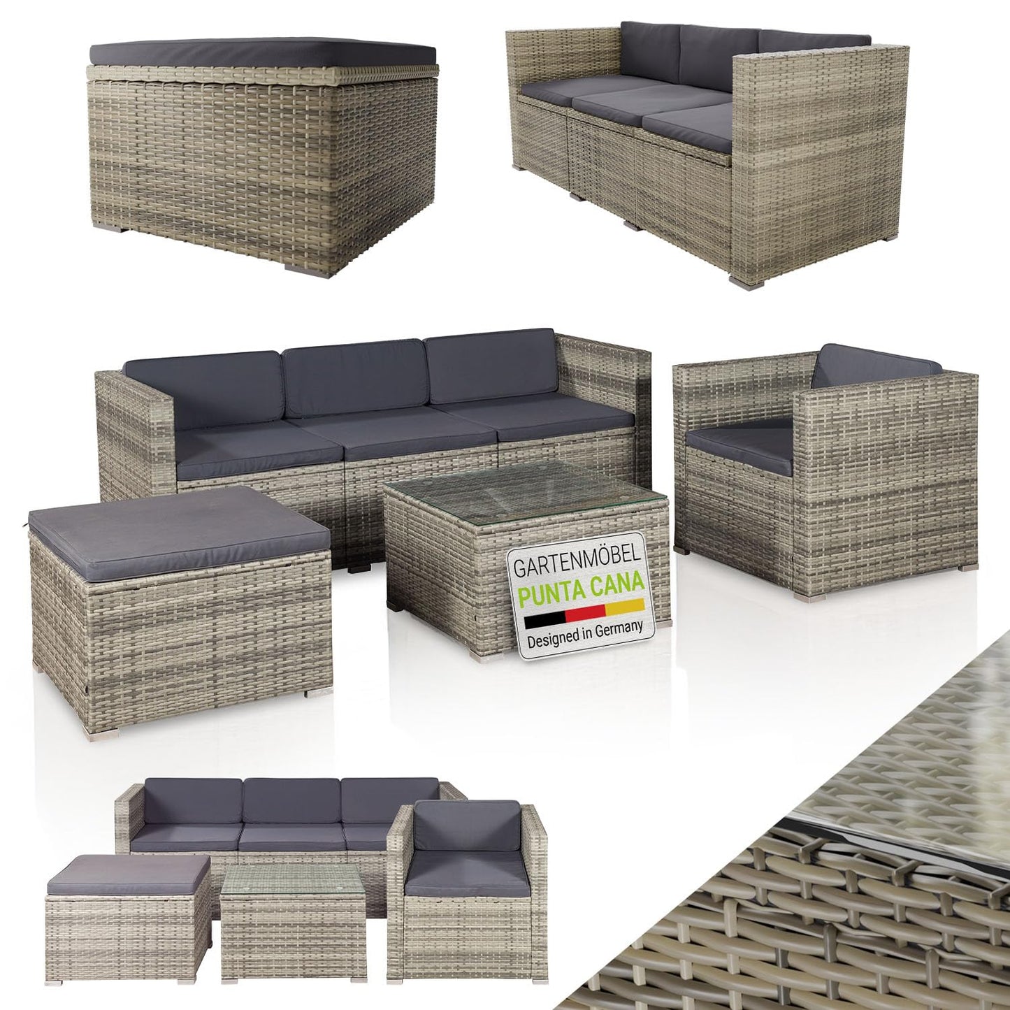 Juskys Polyrattan Lounge Punta Cana L für 4-5 Personen mit 3er Sofa, Sessel, Hocker, Tisch & Kissen, Sitzgruppe für Garten, Terrasse und Balkon, Gartenmöbel Set wetterfest - Grau-meliert