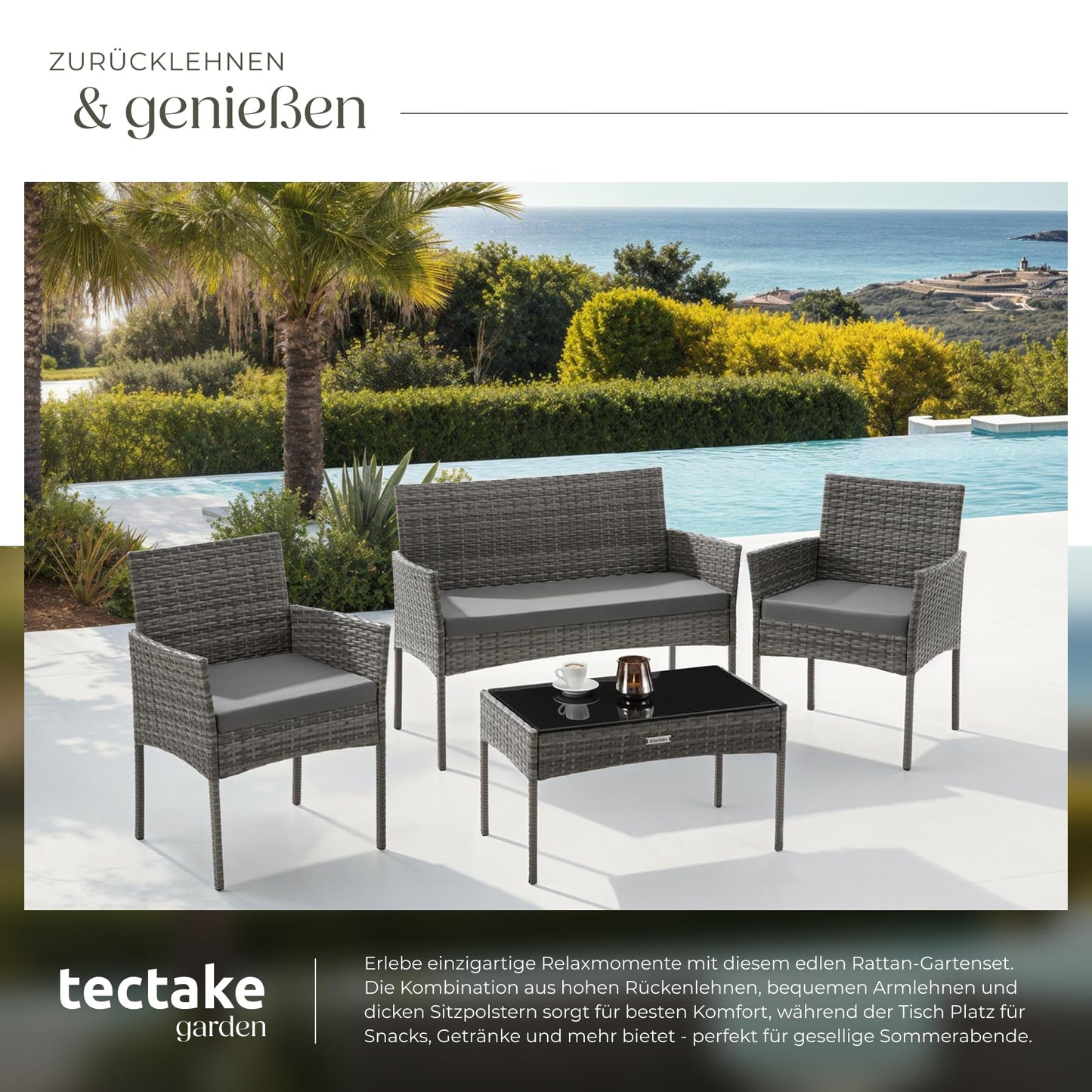 tectake® Rattan Gartenmöbel Set, Outdoor Lounge Möbel,1x Gartenbank, 2X Stuhl, 1x Balkontisch, mit Outdoor Kissen wetterfest, Balkonmöbel Kleiner Balkon, Lounge Gartenmöbel, Terrassenmöbel - grau