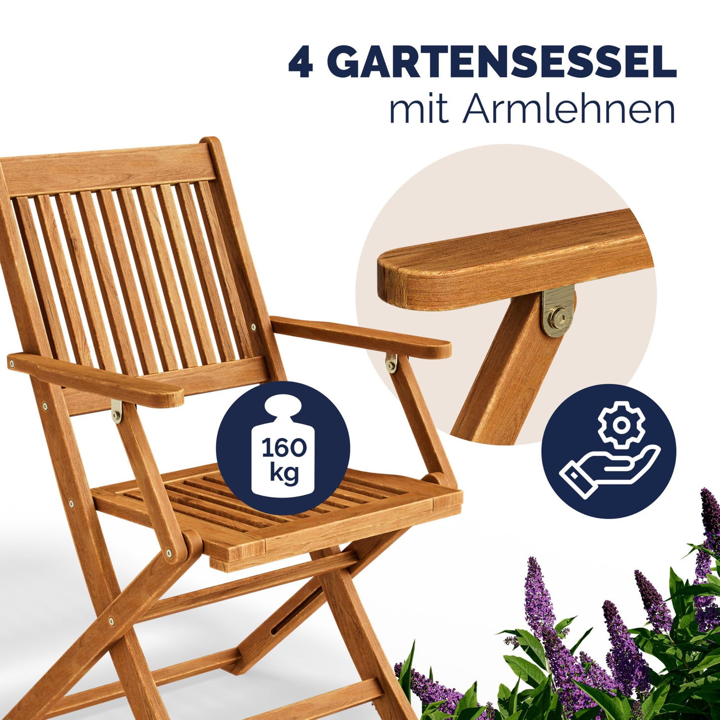 Casaria® Gartenmöbel Set Wetterfest Klappbar Akazie 5-TLG. FSC®-Zertifiziert Holz Armlehne 160kg Belastbarkeit Garten Terrasse Balkonmöbel 120x70cm Möbelset 4 Personen