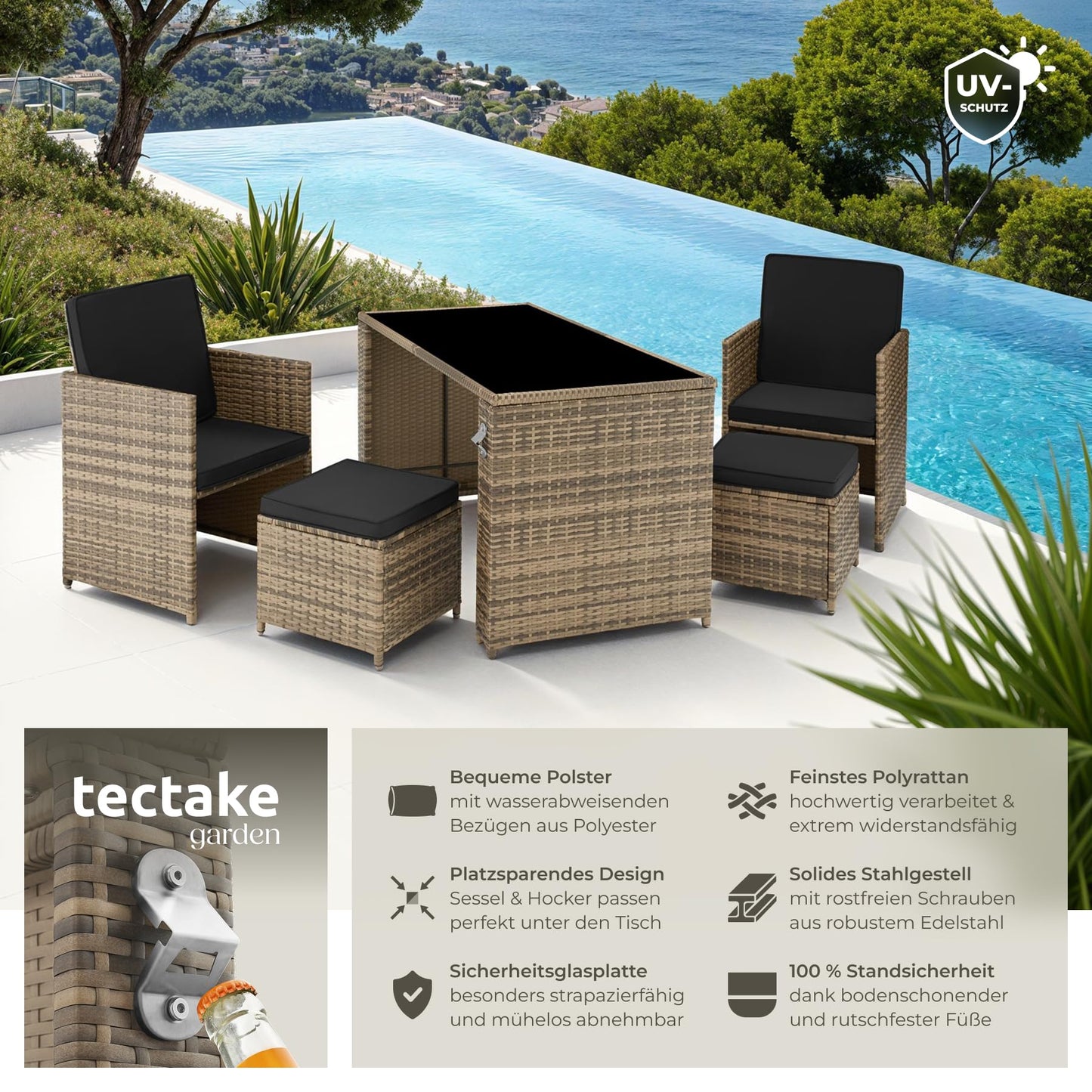 tectake® Polyrattan Sitzgruppe – 5-teiliges Lounge Gartenmöbel Set mit Tisch, Sesseln & Hockern für bis zu 4 Personen, Natur