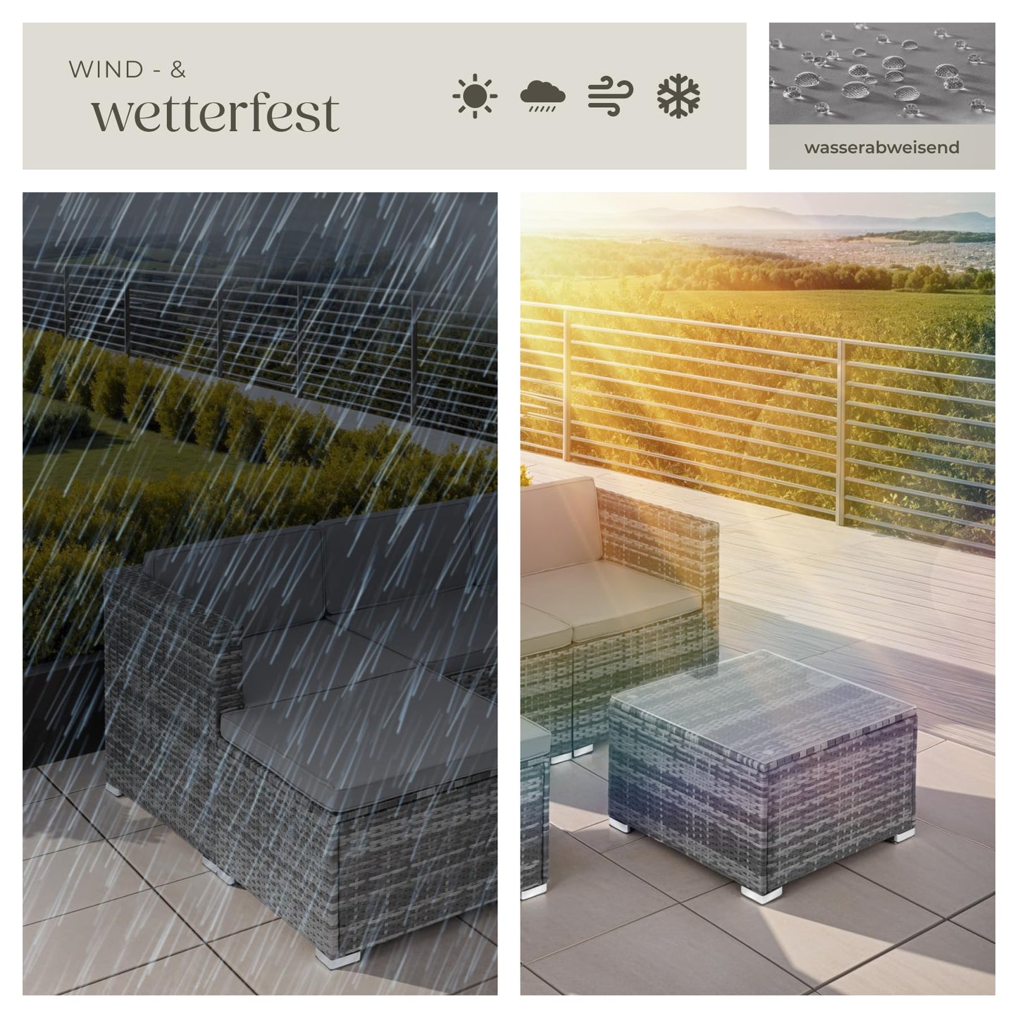 tectake® Poly Rattan Lounge, Outdoor Sitzgruppe, Set mit Sofa Sessel, Hocker, Tisch, frei kombinierbar, Sitzecke für 3-4 Personen, Möbel wetterfest für Garten Terrasse Balkon - grau