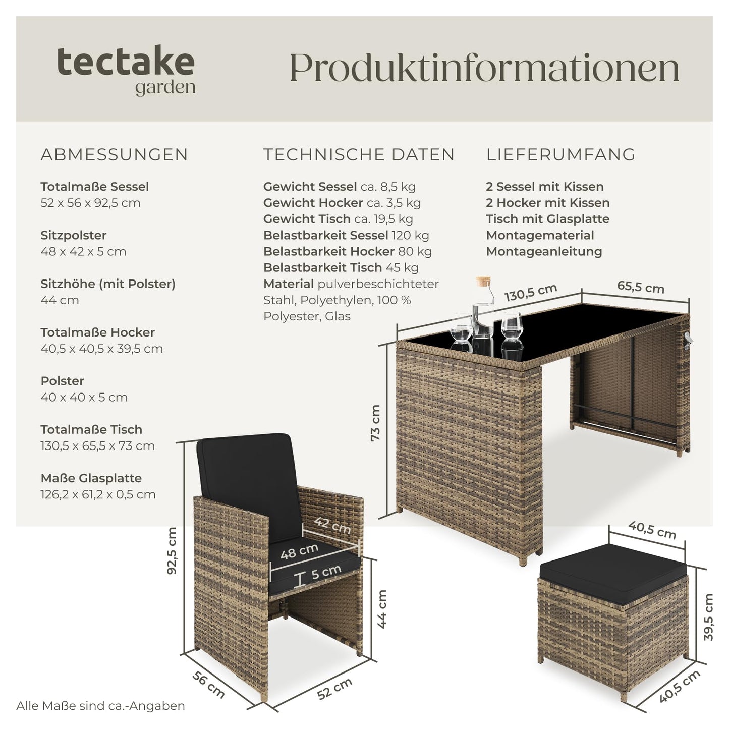 tectake® Polyrattan Sitzgruppe – 5-teiliges Lounge Gartenmöbel Set mit Tisch, Sesseln & Hockern für bis zu 4 Personen, Natur