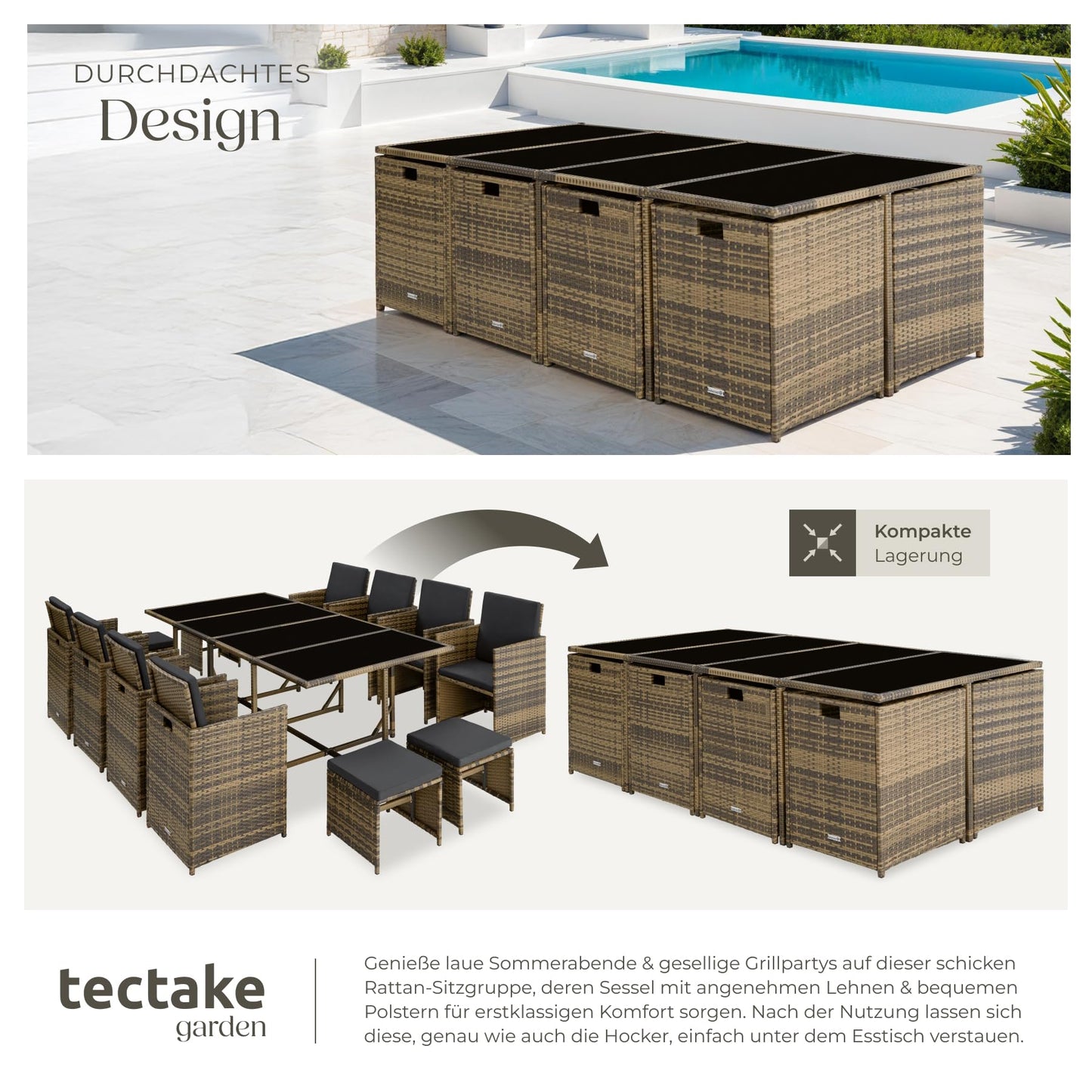 tectake Gartenlounge Set, Polyrattan Gartenmöbel Set, 8+4+1 Sitzgruppe, 8 Stühle 4 Hocker 1 Tisch, Balkon Möbel als Würfel verstaubar, für Garten, Balkon, Terrasse - Natur/dunkelgrau
