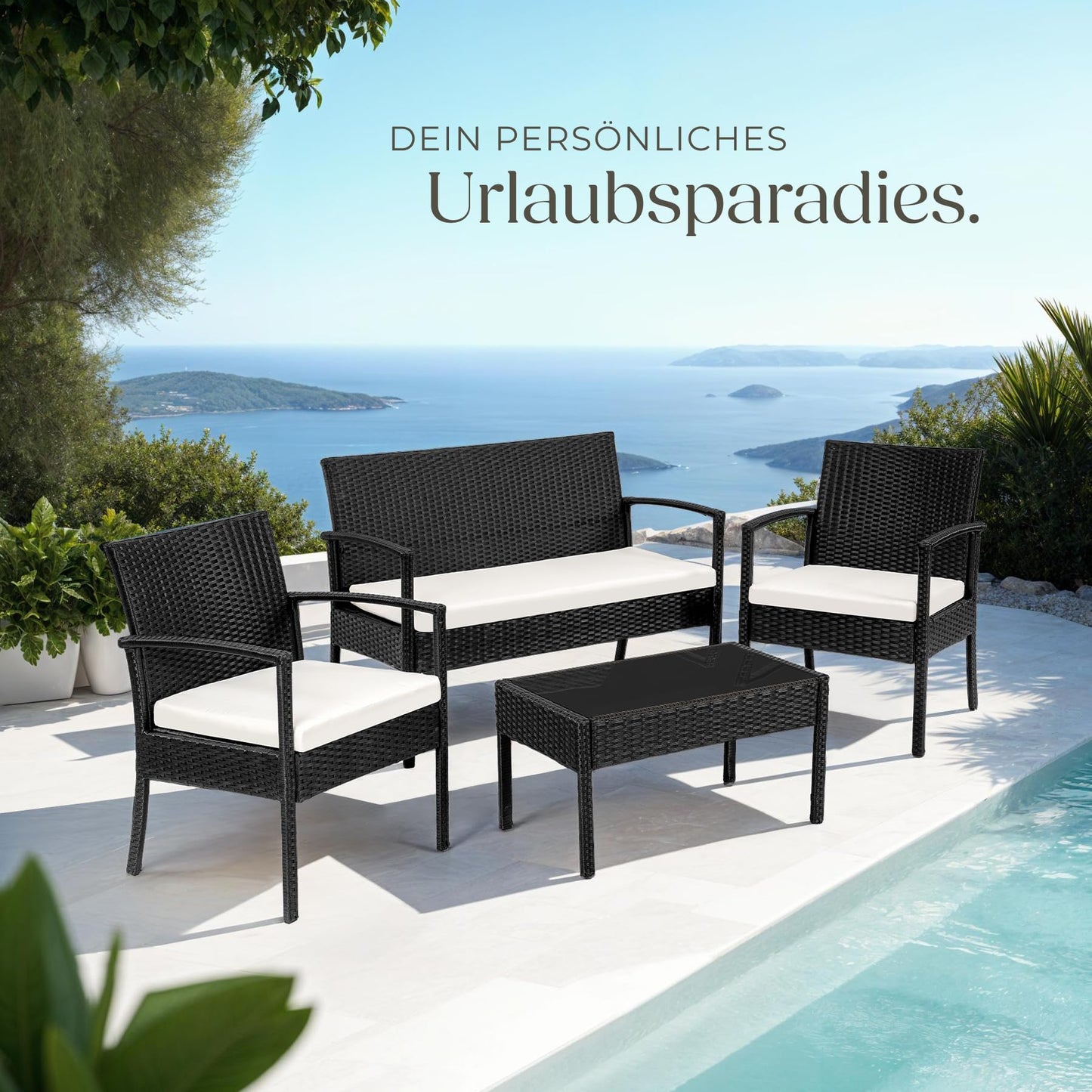 tectake® Polyrattan Gartenmöbel Set – 4-teilig mit 2 Sesseln, 1 Bank & Tisch, Wetterfeste Outdoor Lounge für Garten, Terrasse & Balkon – Schwarz