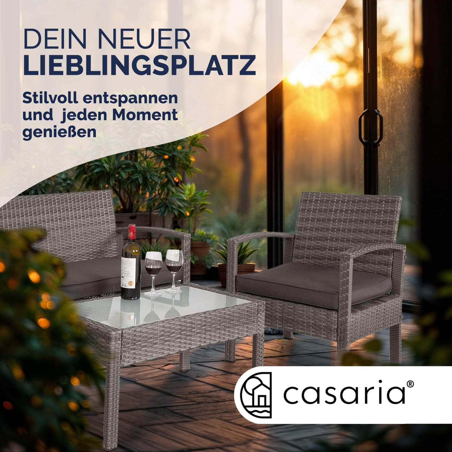 Casaria® Gartenmöbel Set Wetterfest 4 Personen Outdoor inkl. Auflagen Polyrattan 2 Sessel Gartenbank Tisch Garten Terrasse Balkon Möbel Lounge Grau