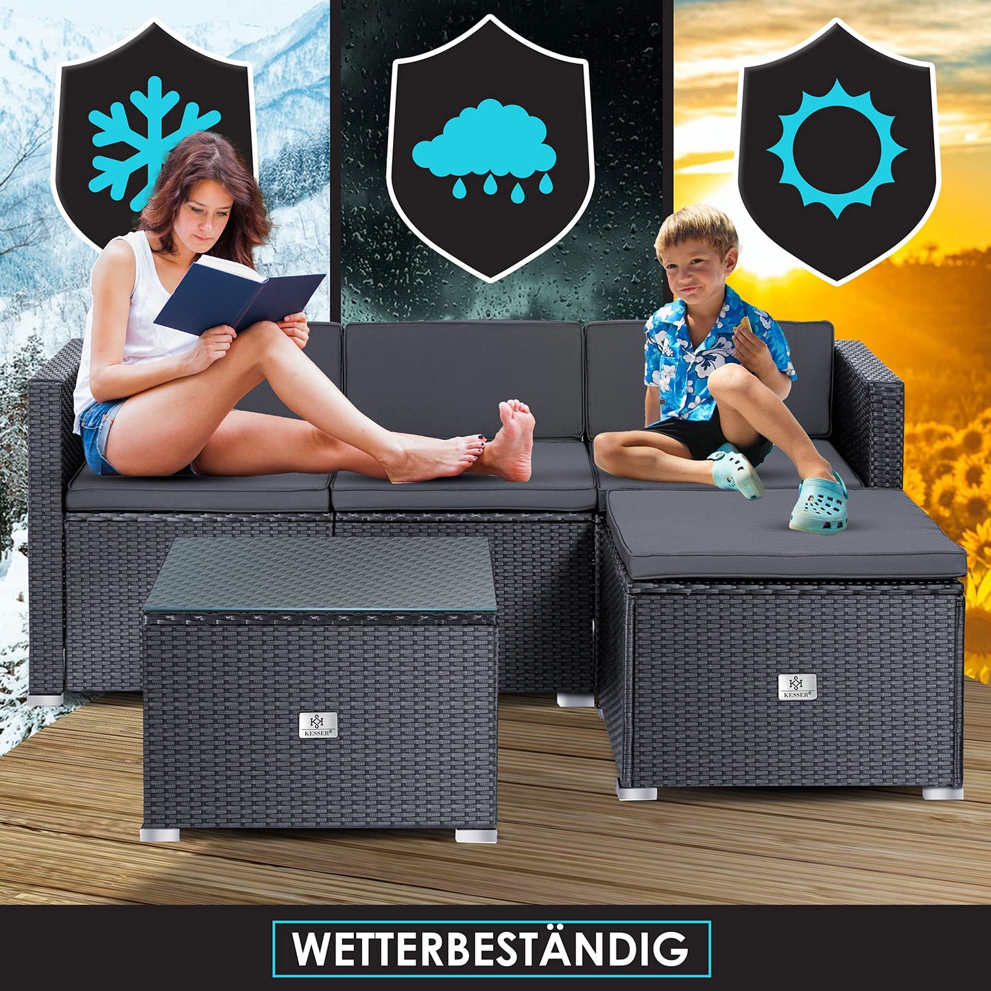 KESSER® Polyrattan Lounge Aruba - Gartenlounge für 3-4 Personen Gartenmöbel-Set Sitzgruppe aus 3er Gartensofa, Sessel, Hocker und Beistelltisch mit Sitzkissen - Garten, Terrasse, Balkon, Anthrazit