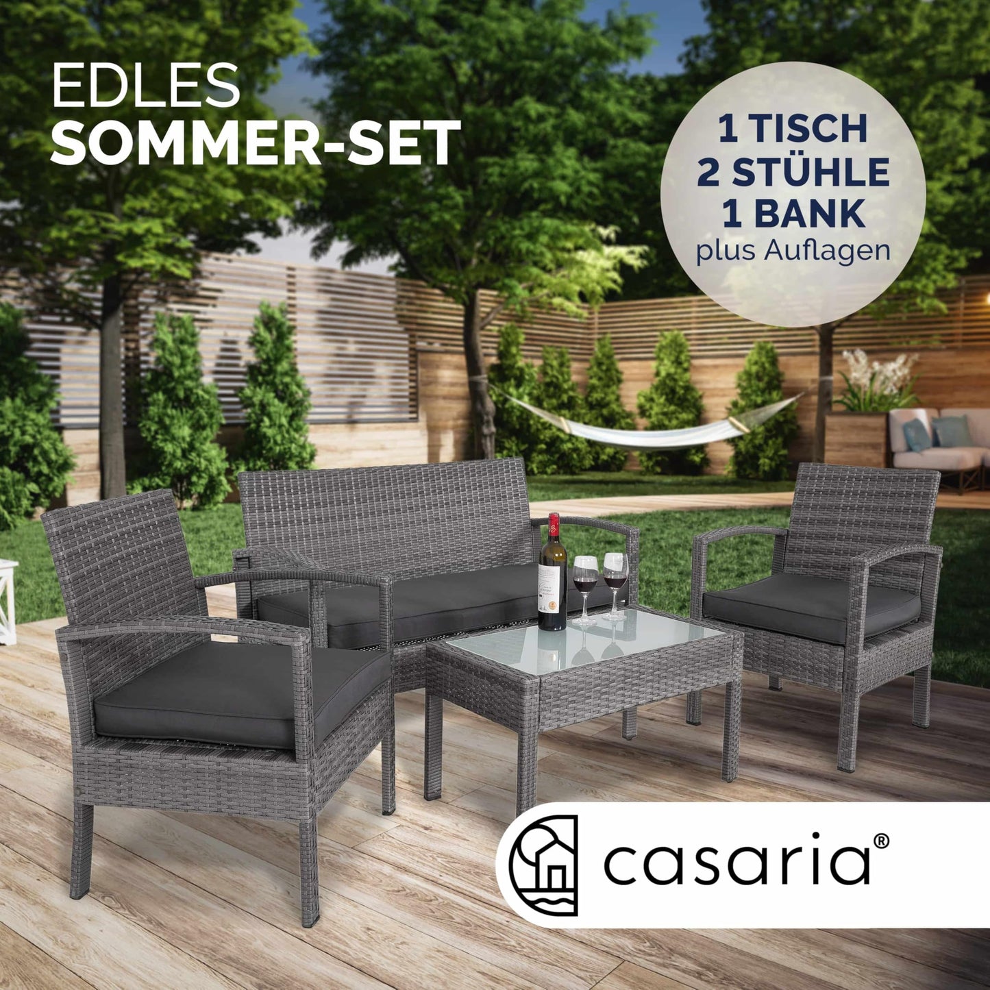 Casaria® Gartenmöbel Set Wetterfest 4 Personen Outdoor inkl. Auflagen Polyrattan 2 Sessel Gartenbank Tisch Garten Terrasse Balkon Möbel Lounge Grau