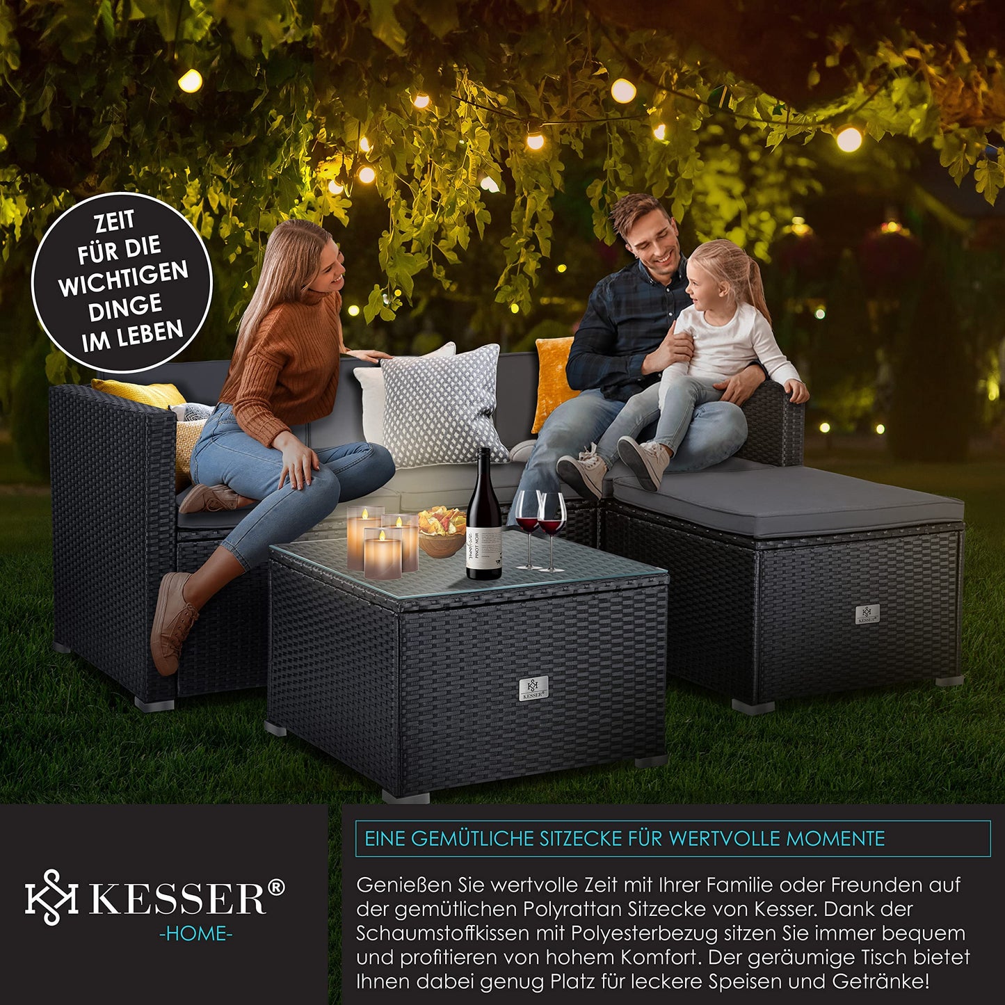 KESSER® Polyrattan Lounge Aruba - Gartenlounge für 3-4 Personen Gartenmöbel-Set Sitzgruppe aus 3er Gartensofa, Sessel, Hocker und Beistelltisch mit Sitzkissen - Garten, Terrasse, Balkon, Anthrazit