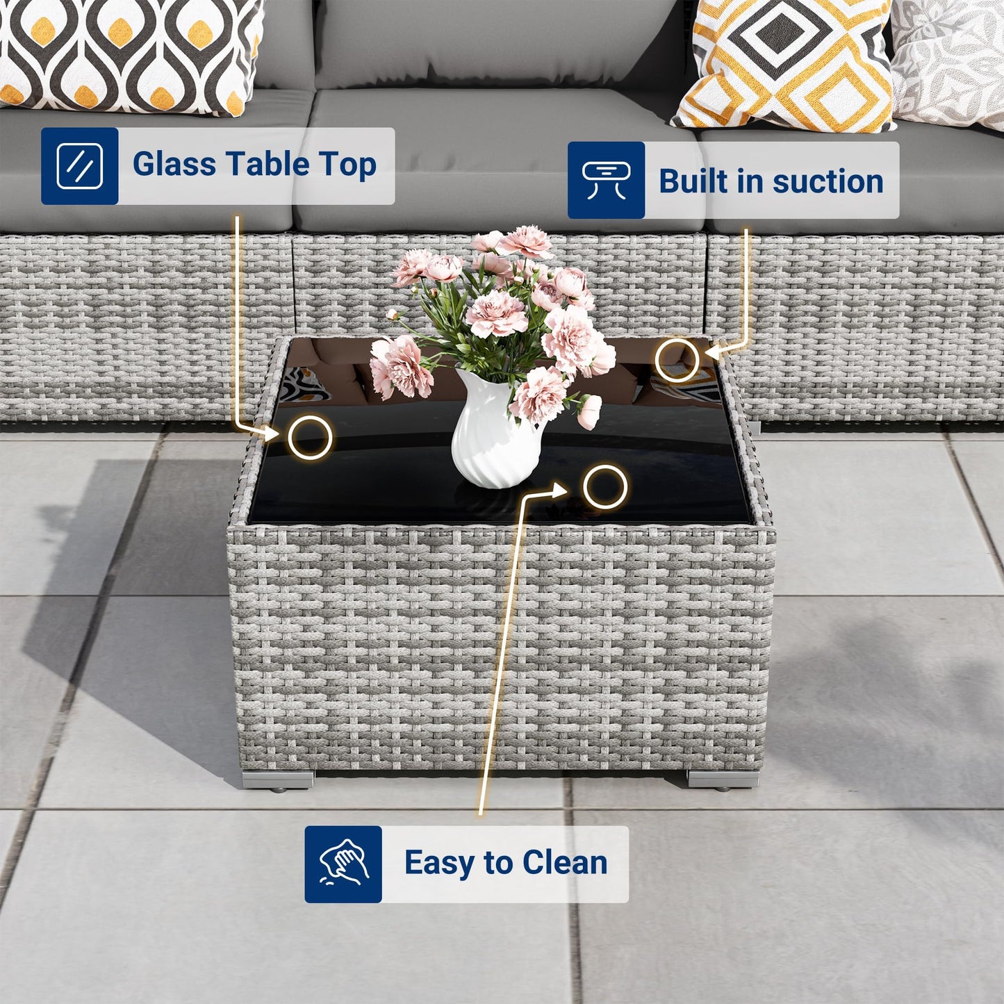 UDPATIO Lounge Gartenmöbel Set mit 3er Gartensofa, Hocker & Beistelltisch, Poly Rattan Balkonmöbel 4 Personen mit Kissen, Balkon Möbel Wetterfest, Gartenlounge für Garten, Terrasse, Outdoor, Grau