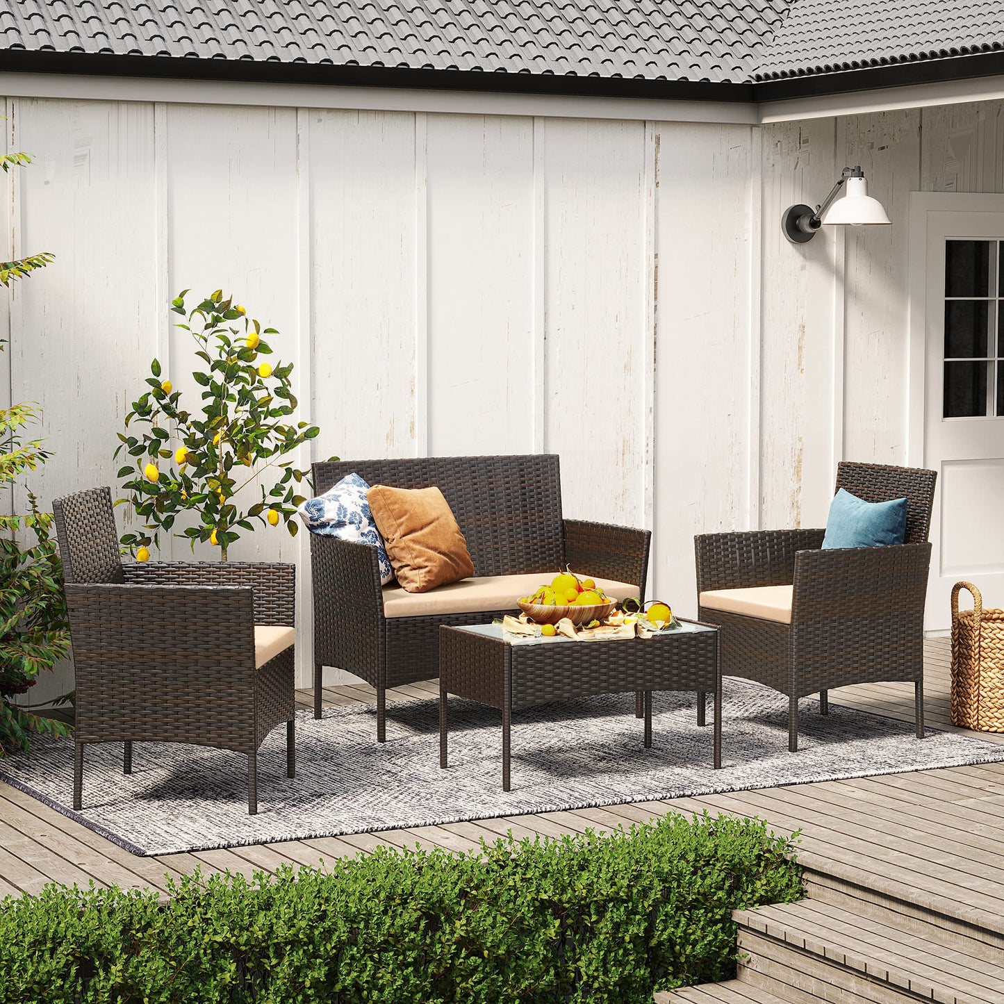 SONGMICS Balkonmöbel, Gartenmöbel-Set, aus PE-Polyrattan, Lounge-Set, Terrassenmöbel, Outdoor, für Terrasse, Balkon, Garten, braun-Taupe GGF004K05