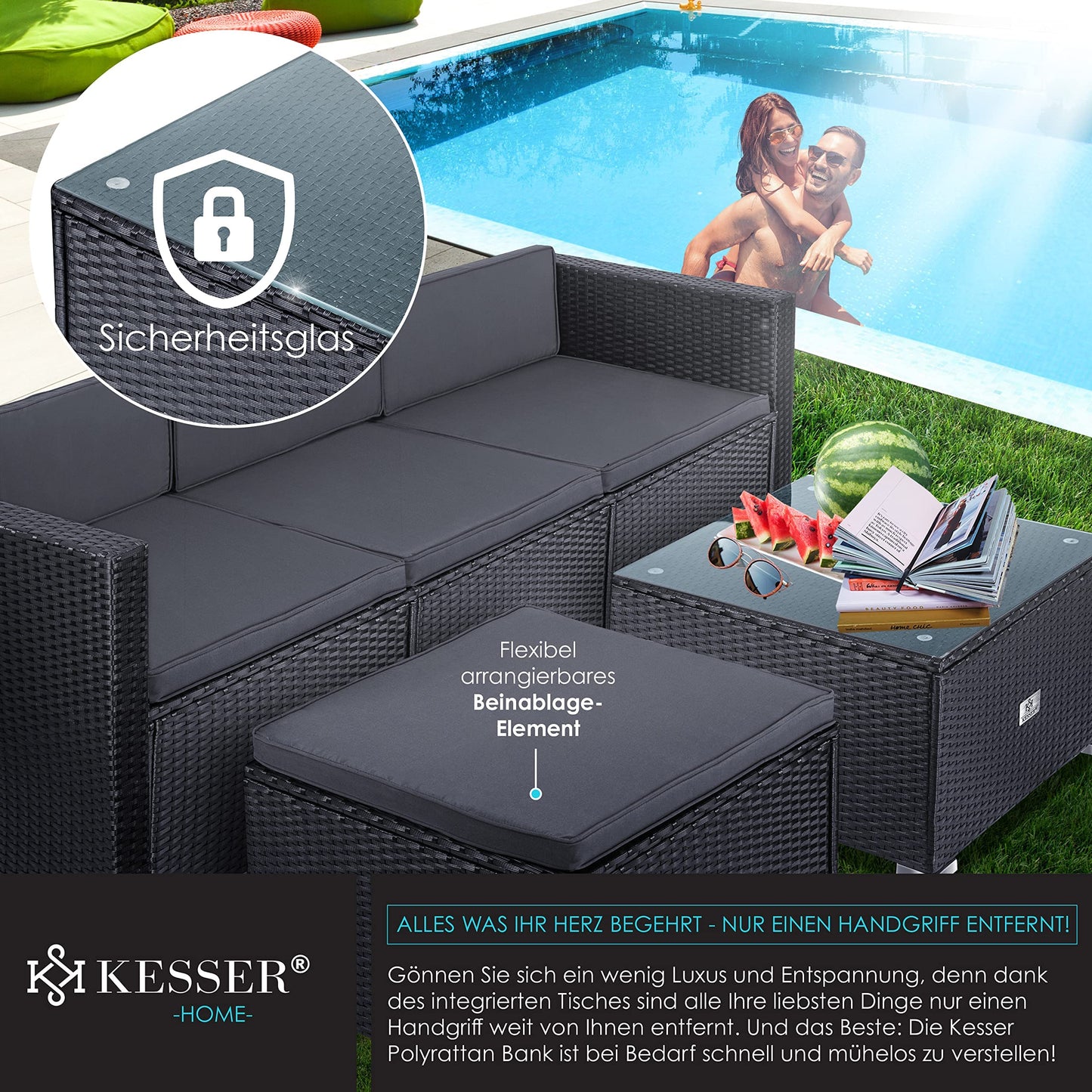 KESSER® Polyrattan Lounge Aruba - Gartenlounge für 3-4 Personen Gartenmöbel-Set Sitzgruppe aus 3er Gartensofa, Sessel, Hocker und Beistelltisch mit Sitzkissen - Garten, Terrasse, Balkon, Anthrazit