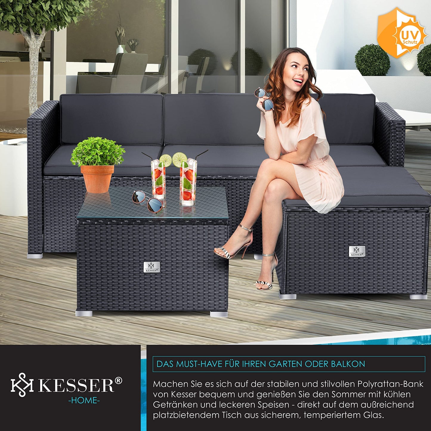 KESSER® Polyrattan Lounge Aruba - Gartenlounge für 3-4 Personen Gartenmöbel-Set Sitzgruppe aus 3er Gartensofa, Sessel, Hocker und Beistelltisch mit Sitzkissen - Garten, Terrasse, Balkon, Anthrazit