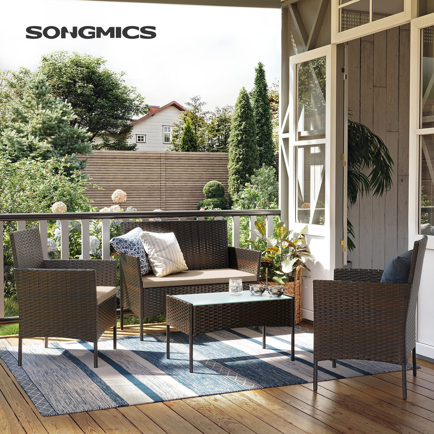 SONGMICS Balkonmöbel, Gartenmöbel-Set, aus PE-Polyrattan, Lounge-Set, Terrassenmöbel, Outdoor, für Terrasse, Balkon, Garten, braun-Taupe GGF004K05