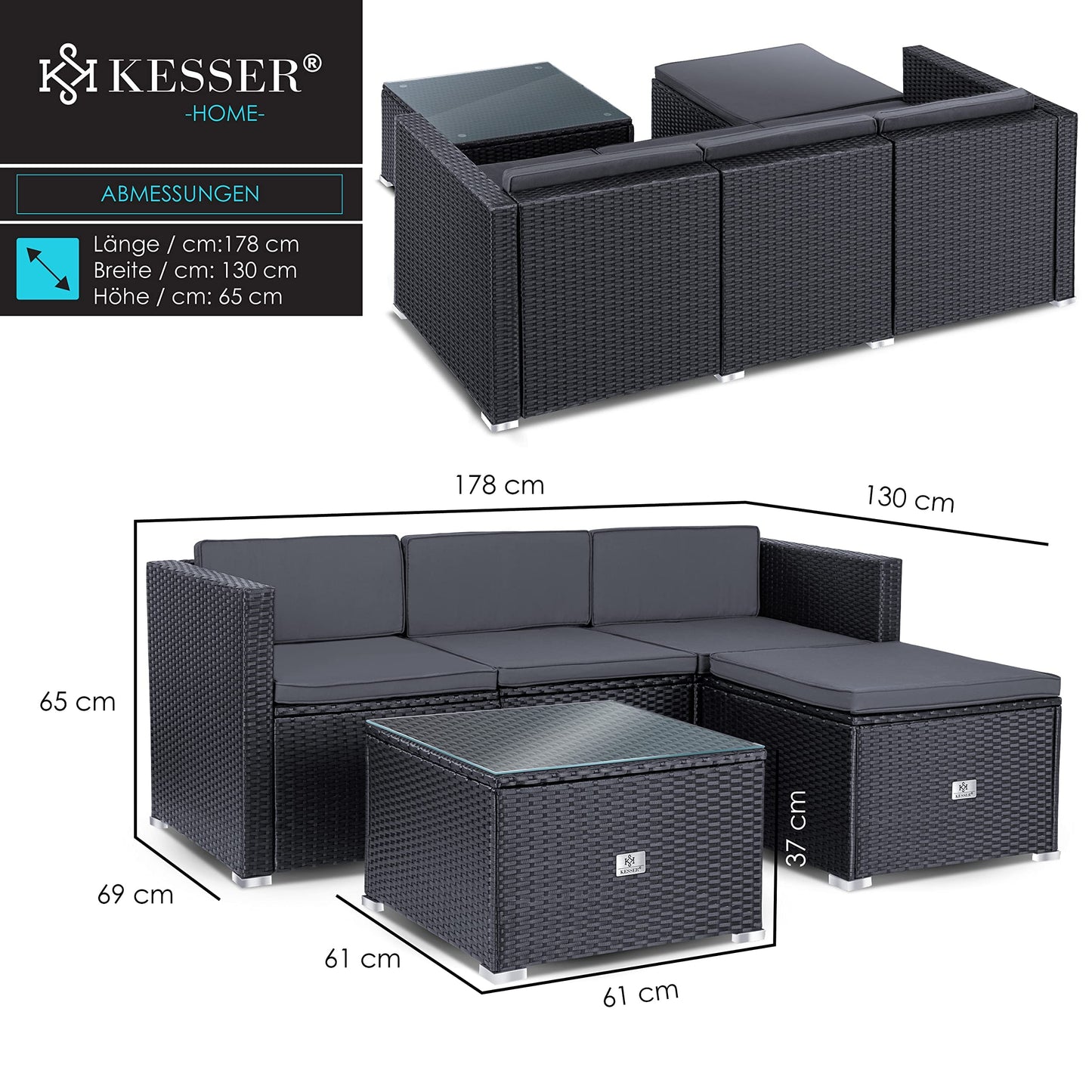 KESSER® Polyrattan Lounge Aruba - Gartenlounge für 3-4 Personen Gartenmöbel-Set Sitzgruppe aus 3er Gartensofa, Sessel, Hocker und Beistelltisch mit Sitzkissen - Garten, Terrasse, Balkon, Anthrazit