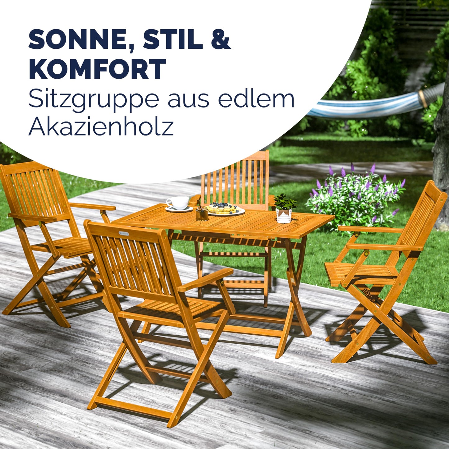 Casaria® Gartenmöbel Set Wetterfest Klappbar Akazie 5-TLG. FSC®-Zertifiziert Holz Armlehne 160kg Belastbarkeit Garten Terrasse Balkonmöbel 120x70cm Möbelset 4 Personen