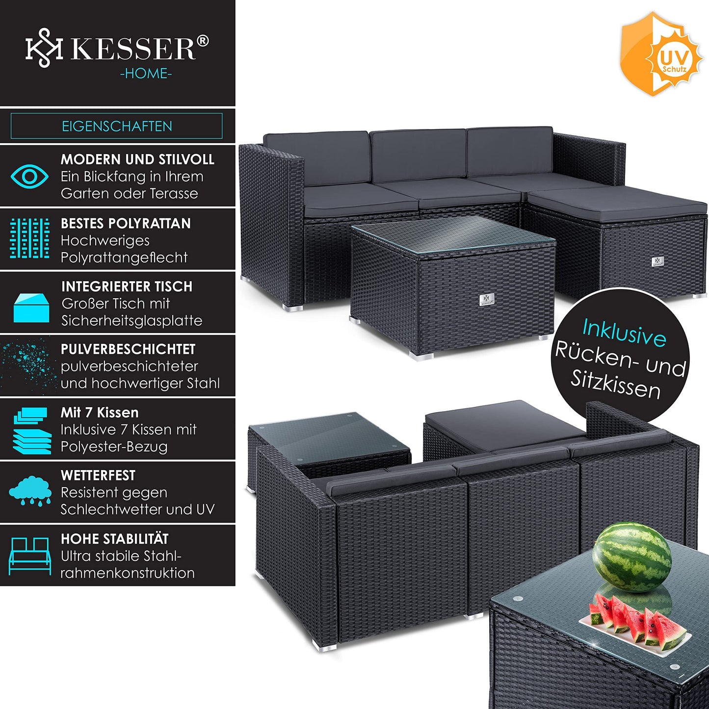 KESSER® Polyrattan Lounge Aruba - Gartenlounge für 3-4 Personen Gartenmöbel-Set Sitzgruppe aus 3er Gartensofa, Sessel, Hocker und Beistelltisch mit Sitzkissen - Garten, Terrasse, Balkon, Anthrazit