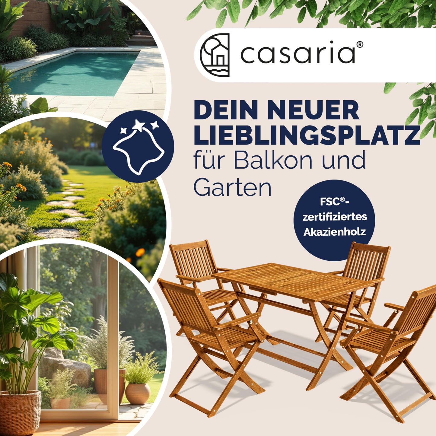 Casaria® Gartenmöbel Set Wetterfest Klappbar Akazie 5-TLG. FSC®-Zertifiziert Holz Armlehne 160kg Belastbarkeit Garten Terrasse Balkonmöbel 120x70cm Möbelset 4 Personen