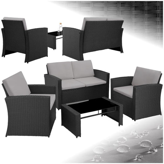 tectake® Lounge Gartenmöbel Set aus Polyrattan – 12-teiliges Outdoor Set mit Sofa, Sesseln & Tisch für 4 Personen, Wetterfest, Schwarz/Grau