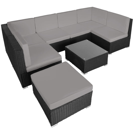 tectake XXL Polyrattan Lounge, Gartenmöbel Set, Sitzgruppe, Balkon Möbel mit 6 Sitze 1 Tisch 1 Hocker, inkl. Sitzkissen, Gartenlounge Outdoor, wetterfest, für Garten, Balkon, Terrasse - schwarz/grau