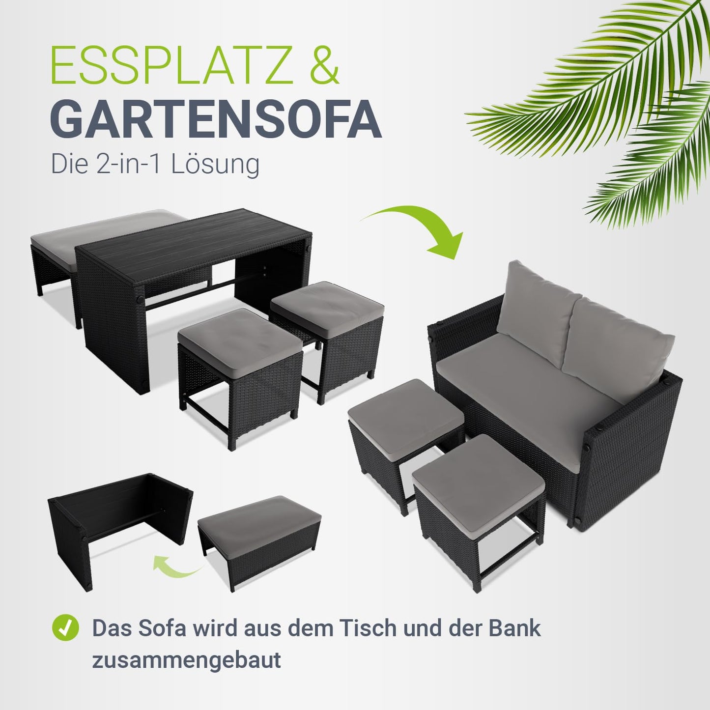 Juskys 2in1 Polyrattan Relax Gartenmöbel Set Jamaika - Tisch, Gartenlounge Sofa - Balkonmöbel Sitzgruppe für Balkon, Garten - Outdoor Lounge schwarz/grau