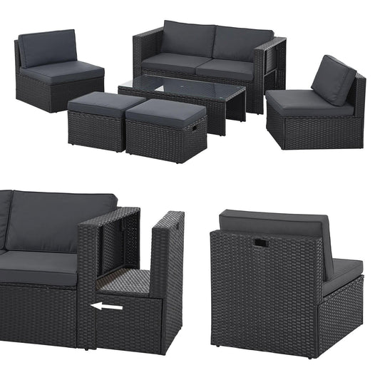 Juskys Polyrattan Gartenmöbel Set Salou - Outdoor Lounge wetterfest 6 Personen - Sitzecke mit Tisch & Kissen für Garten, Balkon, Terrasse - Schwarz
