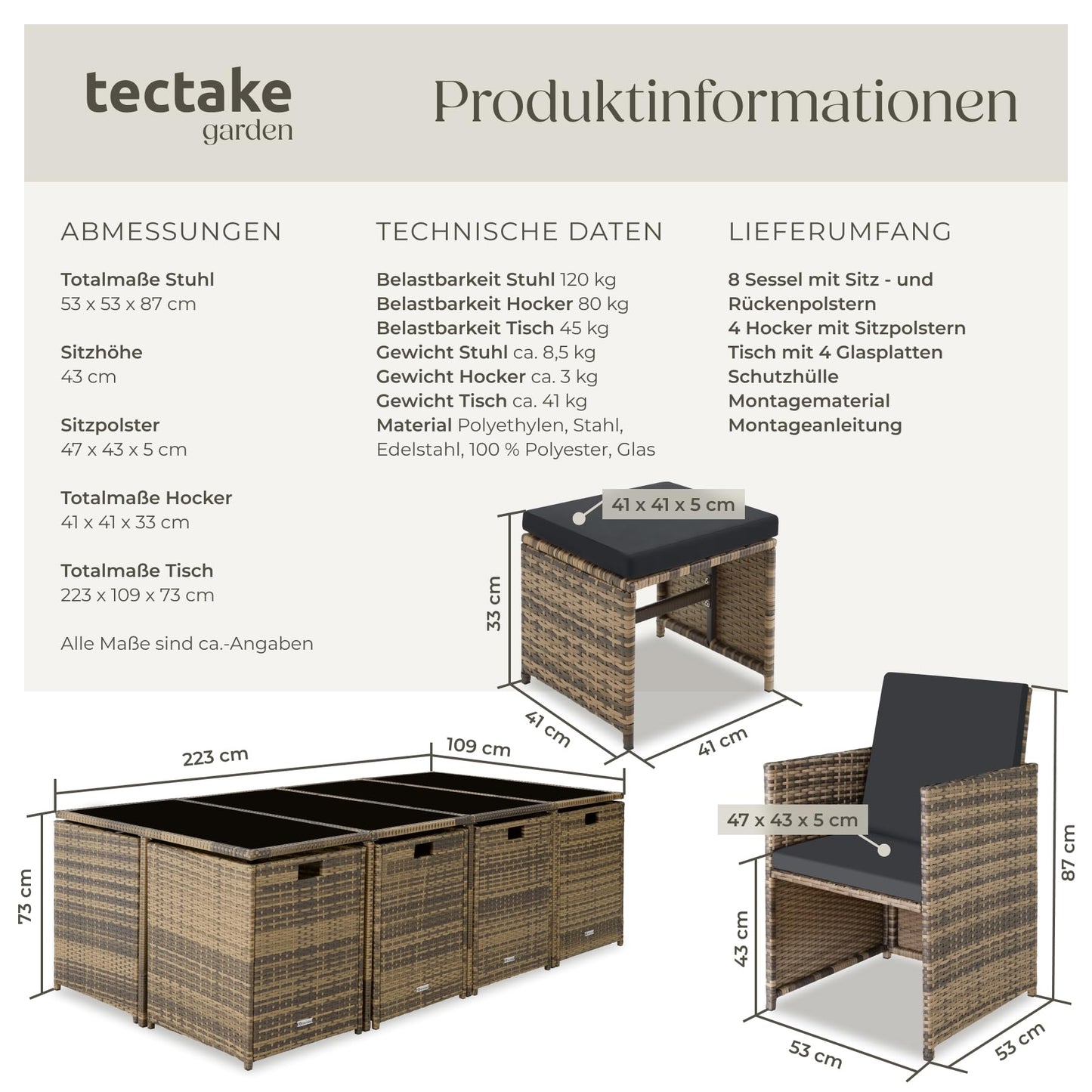 tectake Gartenlounge Set, Polyrattan Gartenmöbel Set, 8+4+1 Sitzgruppe, 8 Stühle 4 Hocker 1 Tisch, Balkon Möbel als Würfel verstaubar, für Garten, Balkon, Terrasse - Natur/dunkelgrau