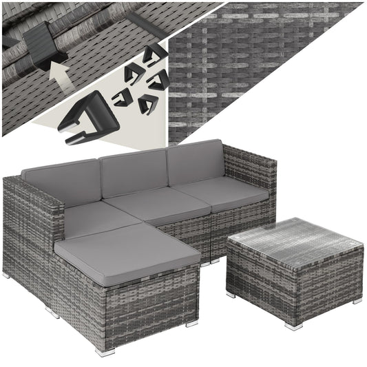 tectake® Poly Rattan Lounge, Outdoor Sitzgruppe, Set mit Sofa Sessel, Hocker, Tisch, frei kombinierbar, Sitzecke für 3-4 Personen, Möbel wetterfest für Garten Terrasse Balkon - grau