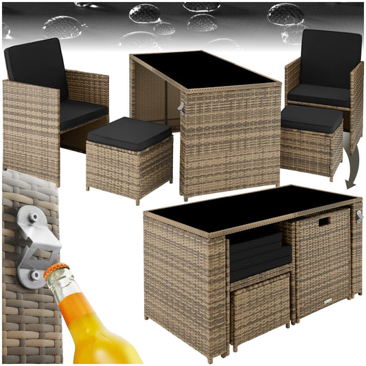 tectake® Polyrattan Sitzgruppe – 5-teiliges Lounge Gartenmöbel Set mit Tisch, Sesseln & Hockern für bis zu 4 Personen, Natur